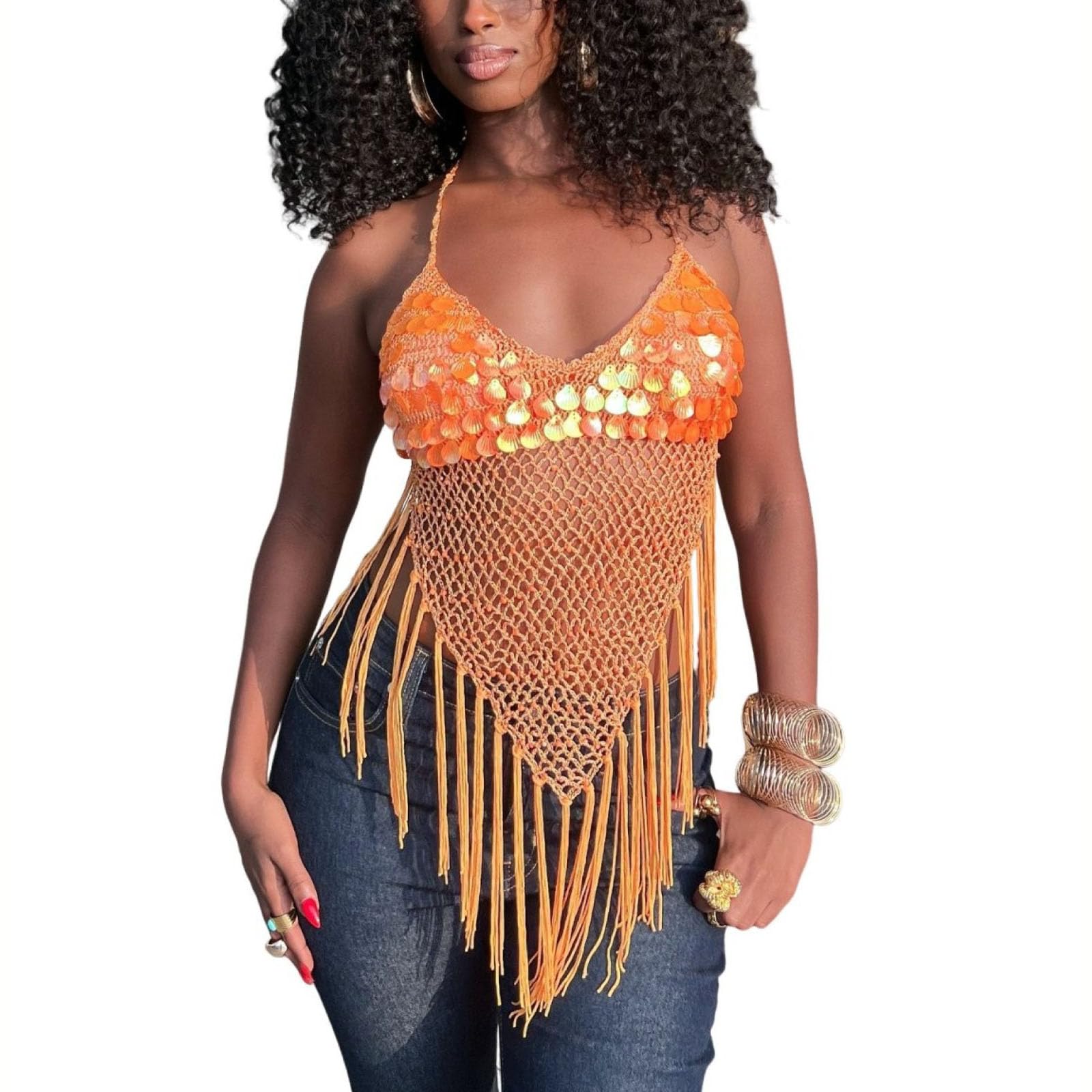 Top All'uncinetto Traforati Con Paillettes E Nappe Per Donna Con Allacciatura Al Collo Schiena Scoperta Senza Maniche Per Vacanze E Spiaggia