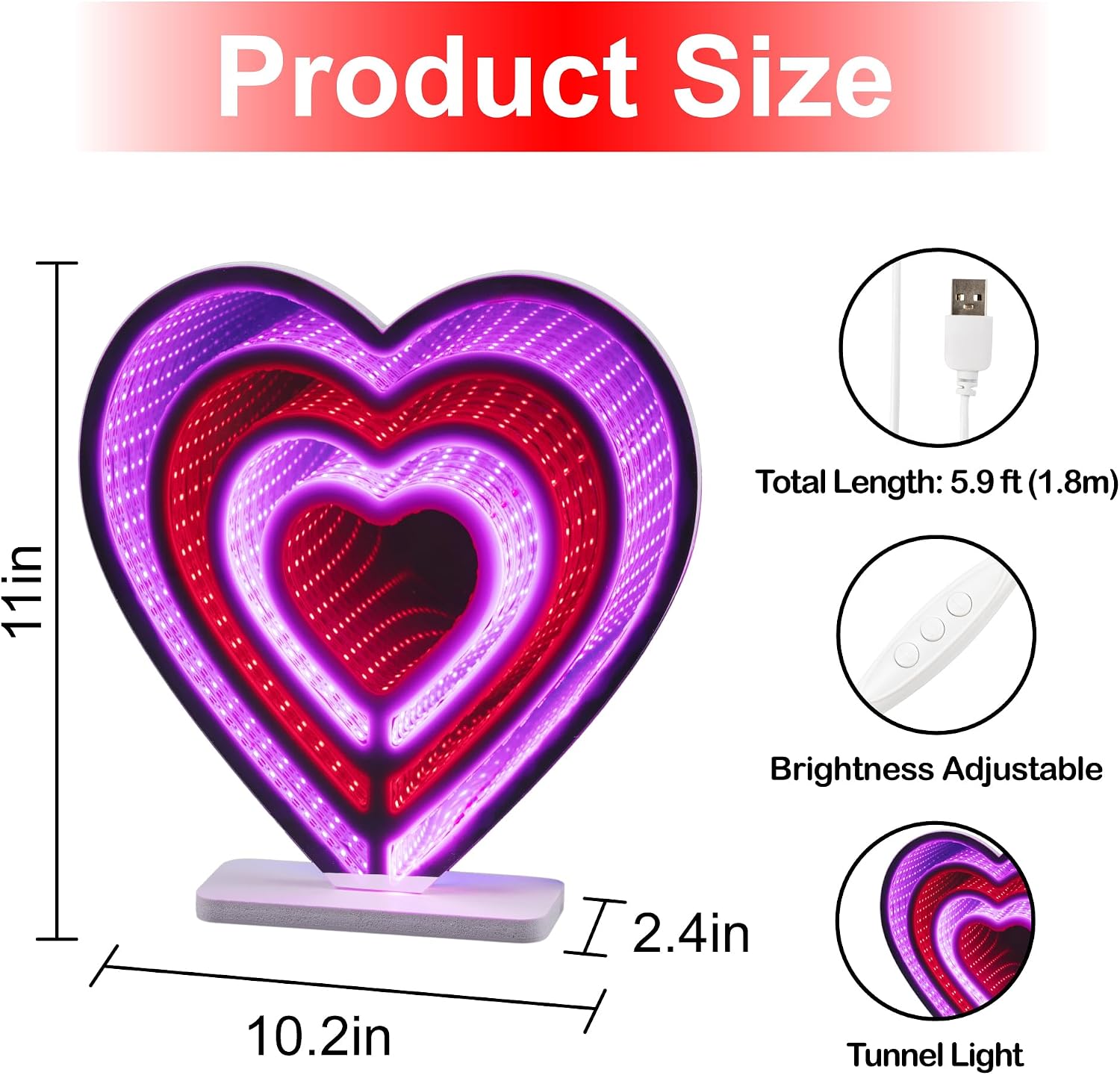 Infinity Mirror Light, Heart 3D LED Infinity Mirror Tunnel Light, Dimmable USB Power, 250th Anniversary Commemorative Gift, Creative Decor for Bedroom & Gaming Room, 10.2 * 11''