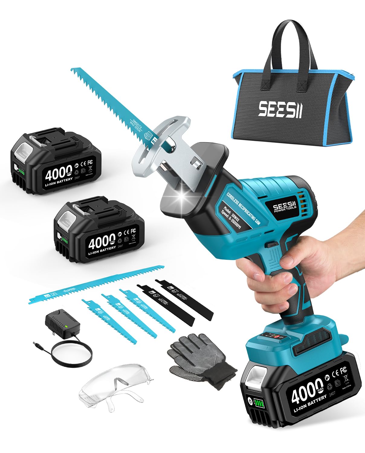 SEESII Reciprocating Saw Cordless, Variable Speed 3500 RPM Brushless Motor with 6 Saw Blades, 2 x 4.0Ah Batteries, LED Light, Tool‑Free Blade Change, Portable for Wood PVC Cutting