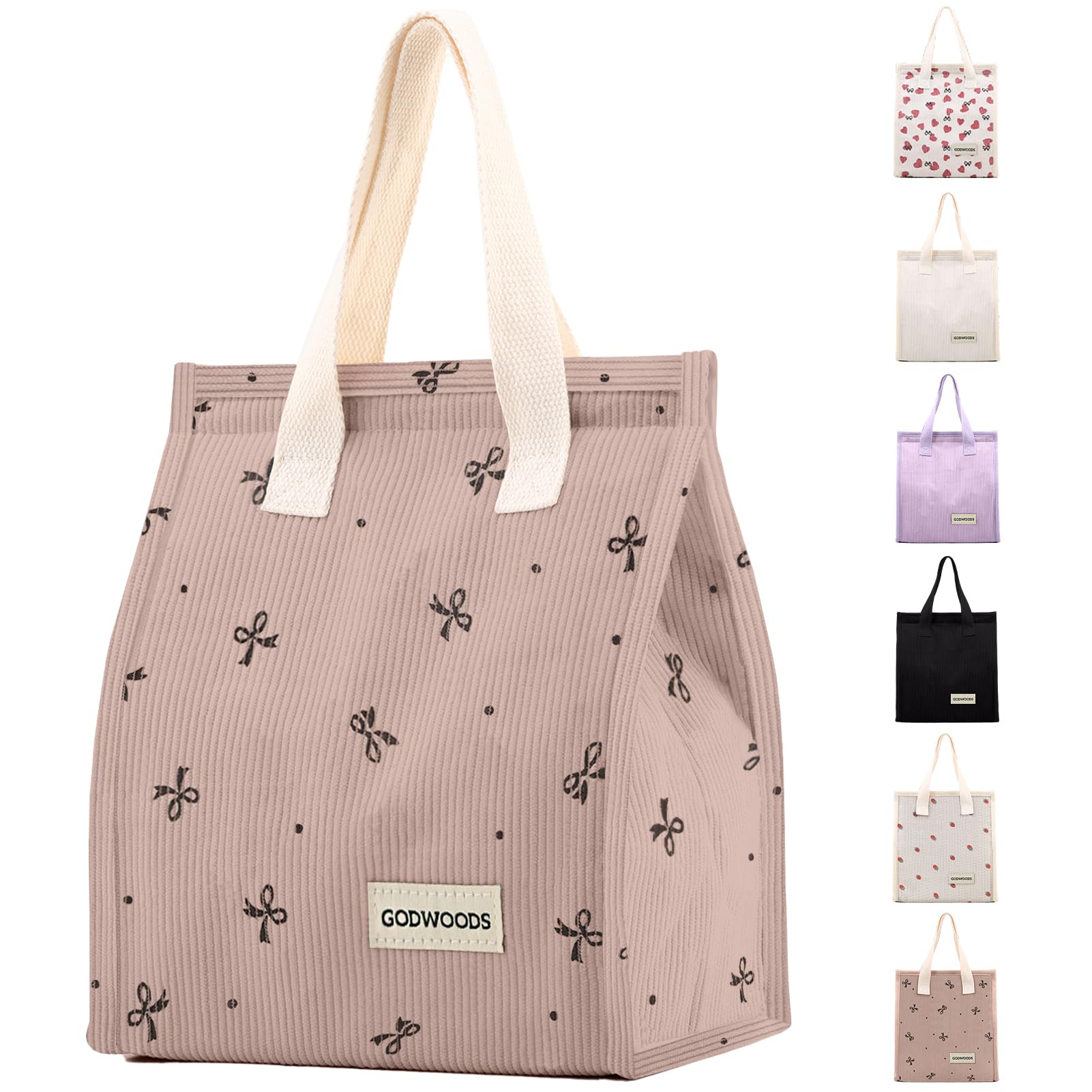 GODWOODS Lunch Bag for Women Men Cute Corduroy Lunch Tote Bags Reusable Insulated Lunch Box Large Capacity Cool Bag for Work Picnic or Travel (Pink Bow)