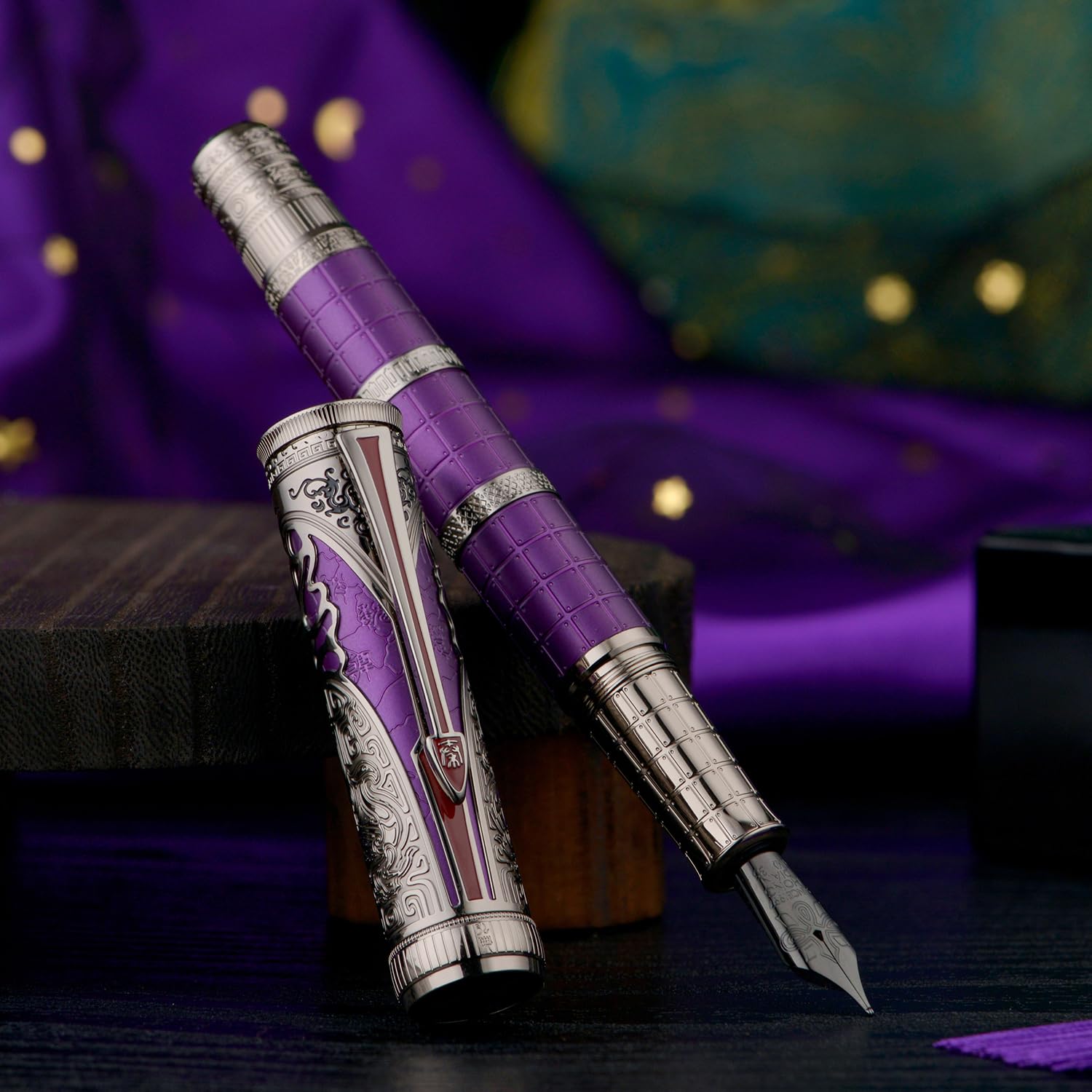 Hongdian D5X Fountain Pen Purple Color Medium Nib, Qin Dynasty Retro Chinese Totem Engraving Smooth Writing Pen with Converter and Pen Box Set - Image 3