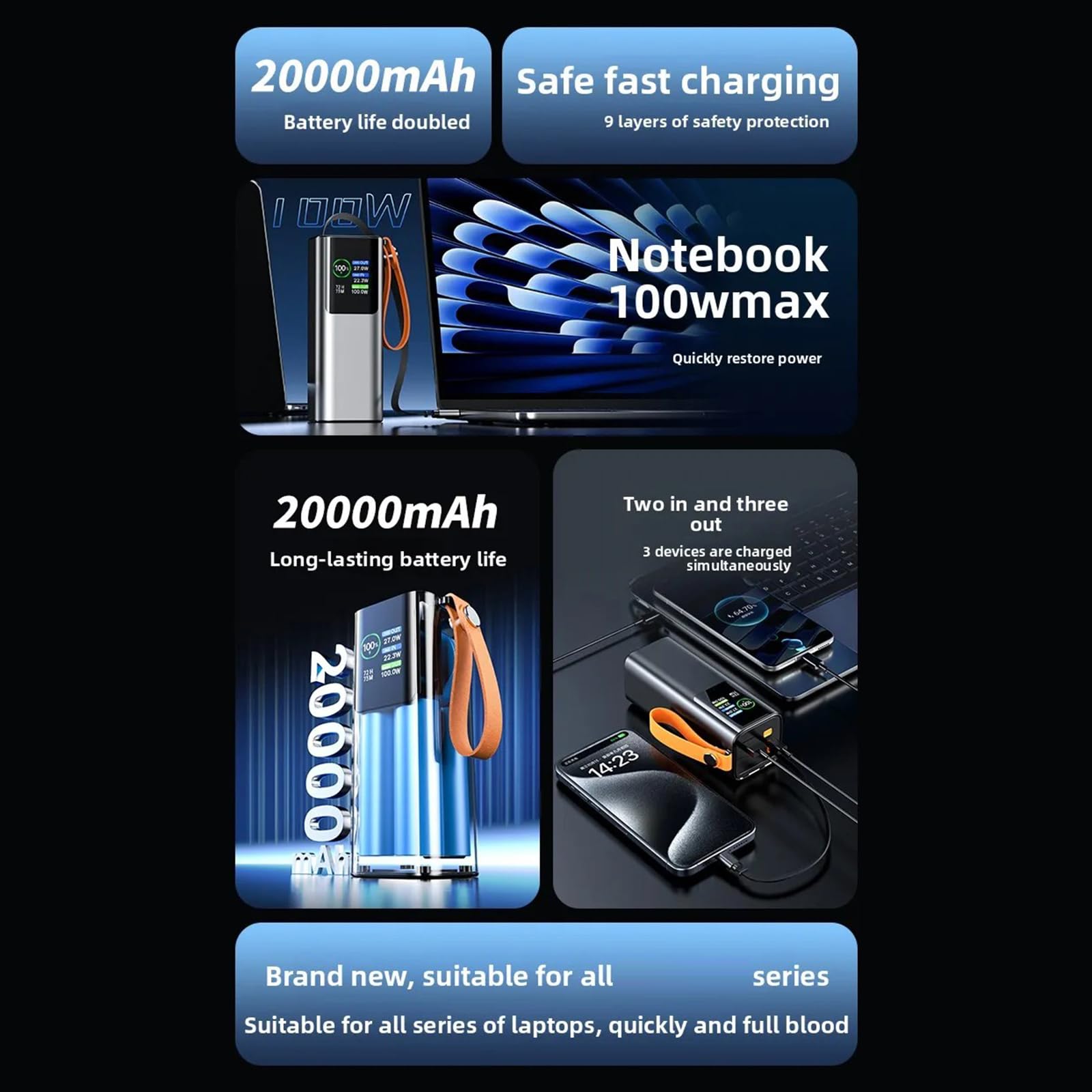 Batería externa de 20000 mAh para móvil, gris plateado
