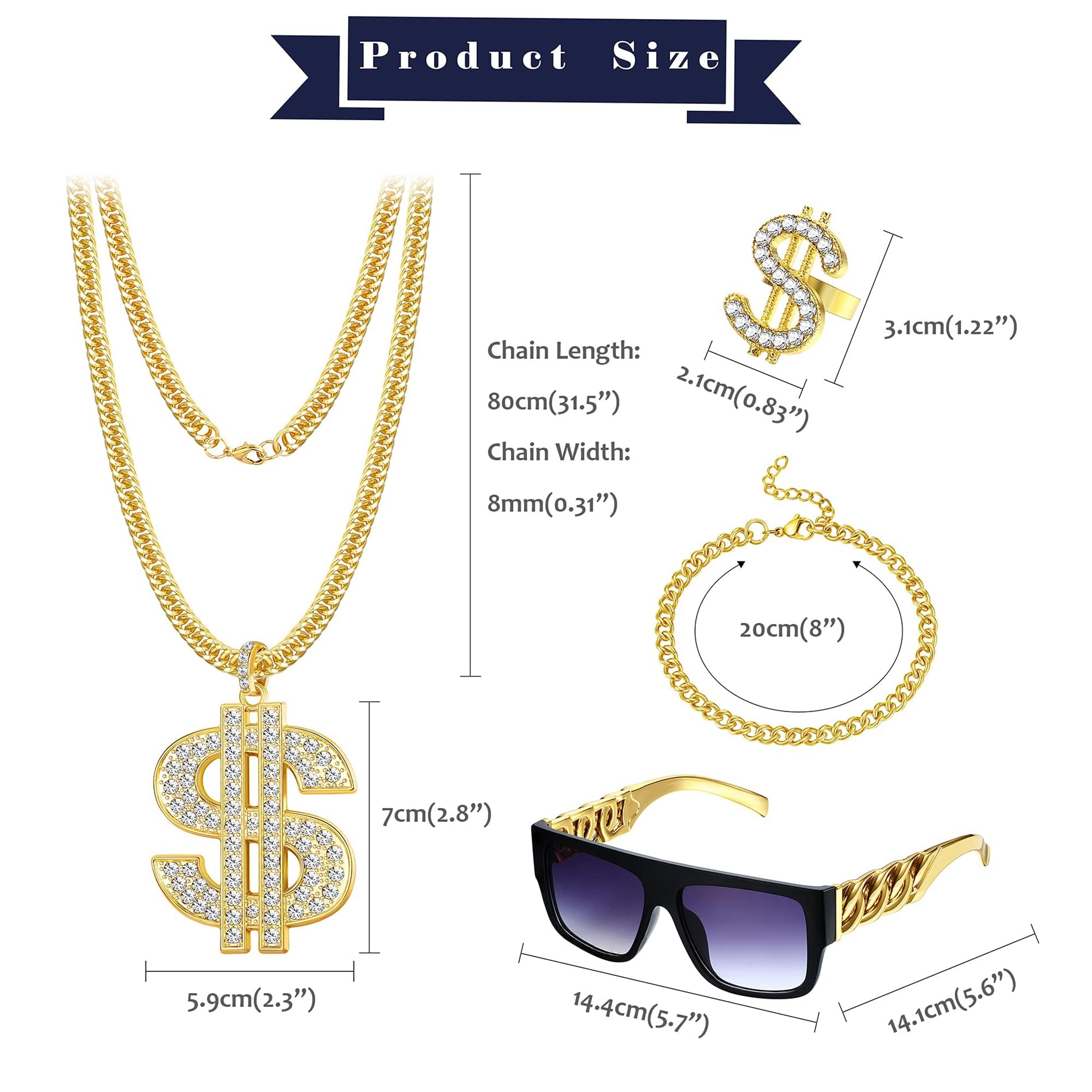 CASSIECA 80s/90s Hip Hop Disfraz Kit para Hombres Mujeres Collar de Cadena de Metal Pulsera Gafas de sol Anillo de Signo de dólar Punk Hip Hop Rapero Bisutería
