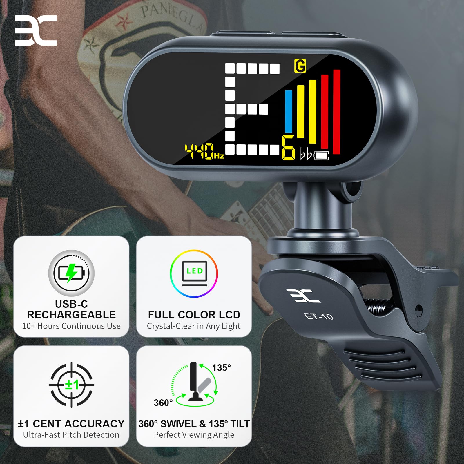 EX Afinador de guitarra profesional recargable con pantalla LCD, afinador cromático de clip para guitarra acústica, bajo, ukelele, violín y todos los instrumentos