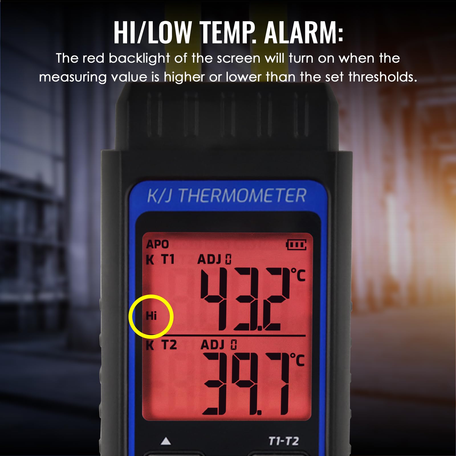 Termometro digitale a doppio canale tipo K/J con 4 termocoppie, campo -328~2501℉, strumento di misurazione temperatura HVAC con allarme