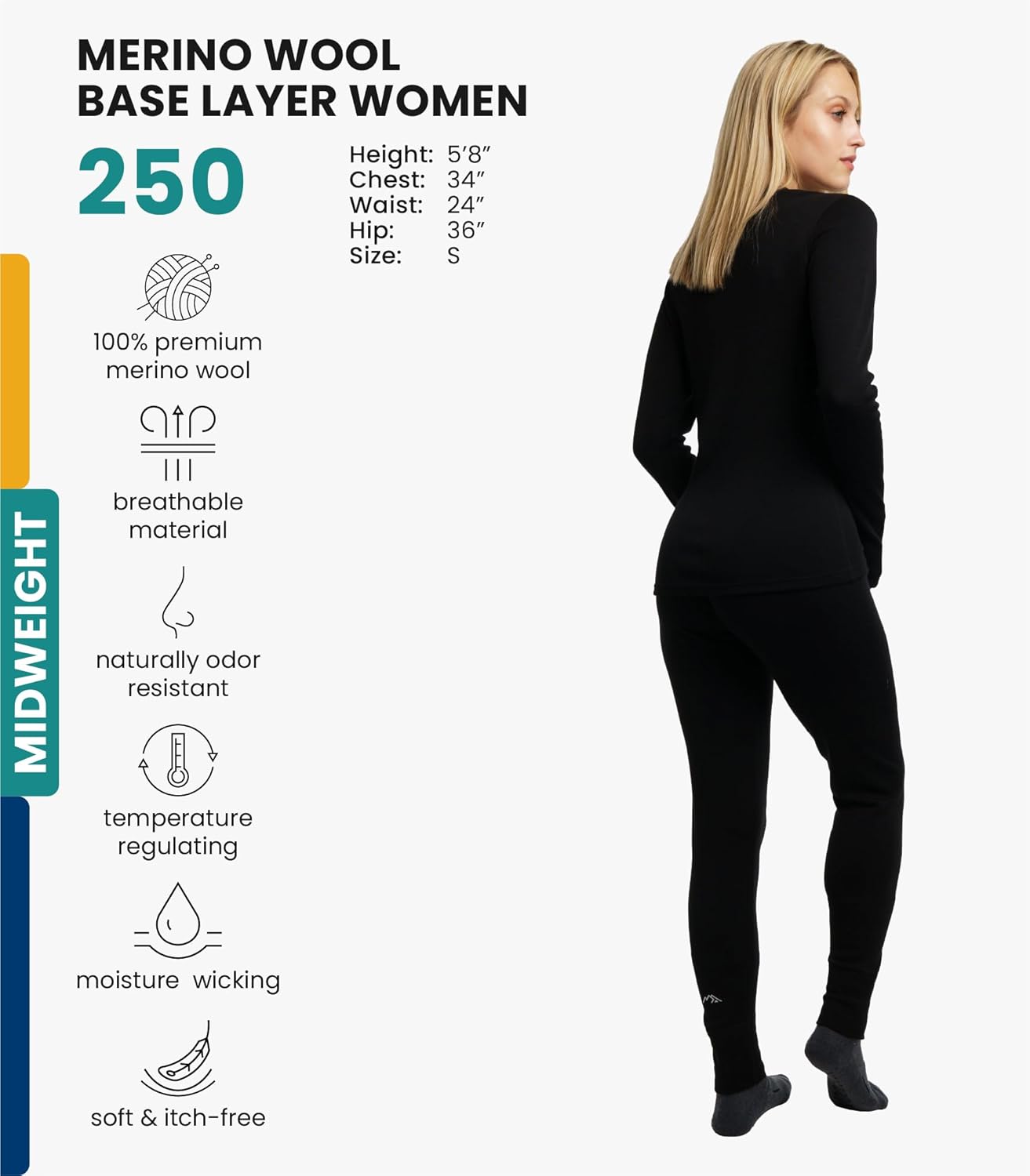 merino wool base layer women set laid flat showing top and bottom