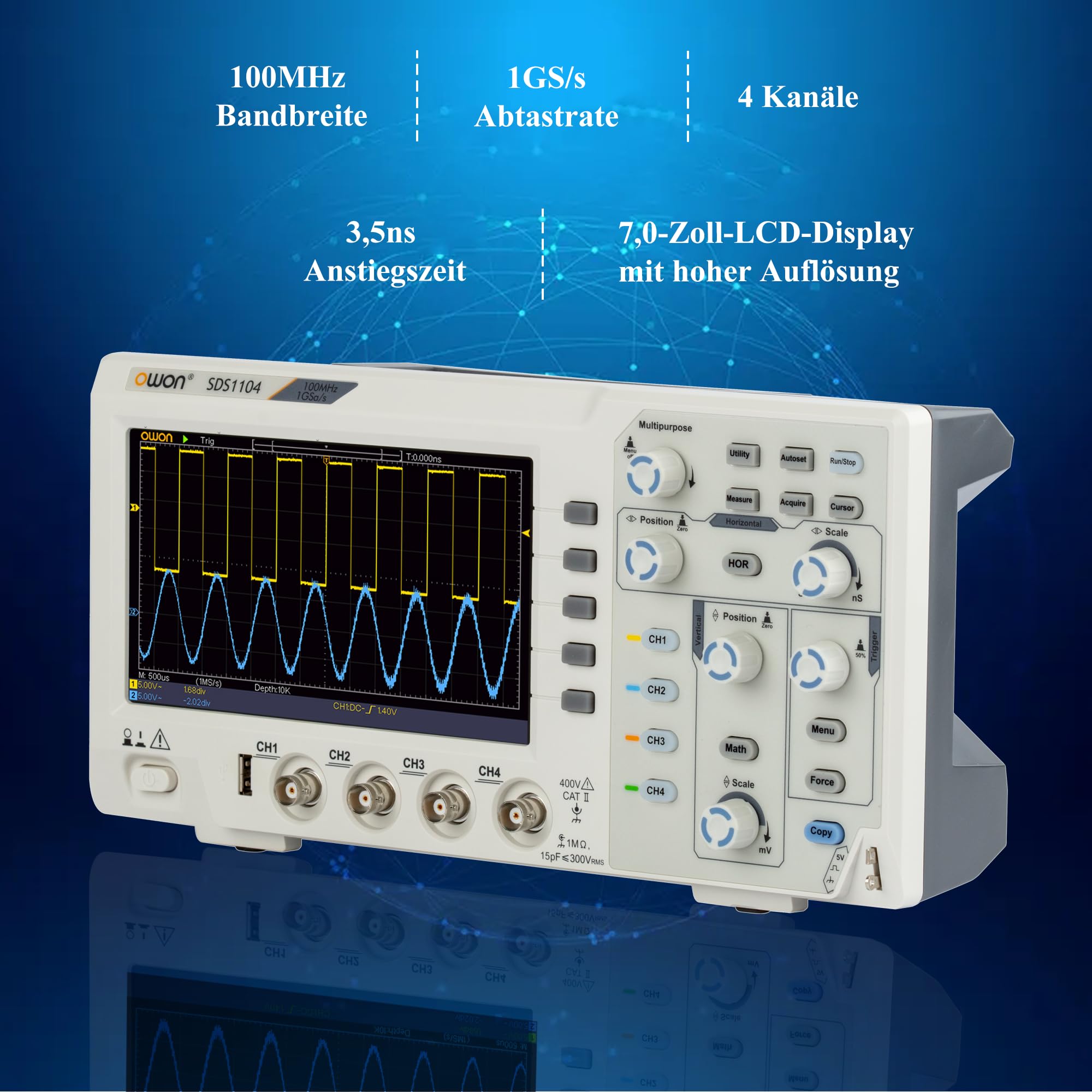 SDS1104 OWON Oszilloskop 4 Kanäle 100MHz Bandbreite Tischoszilloskop | 7" hochauflösender Bildschirm 1GSa/s Abtastrate Ultraflaches leichtes tragbares Oszilloskop