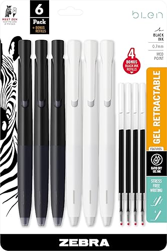 Zebra Pen bLen - Bolígrafo retráctil de gel, barril blanco y negro, punta media, 0.028 in, tinta negra, paquete de 6 con 4 recambios (41416)