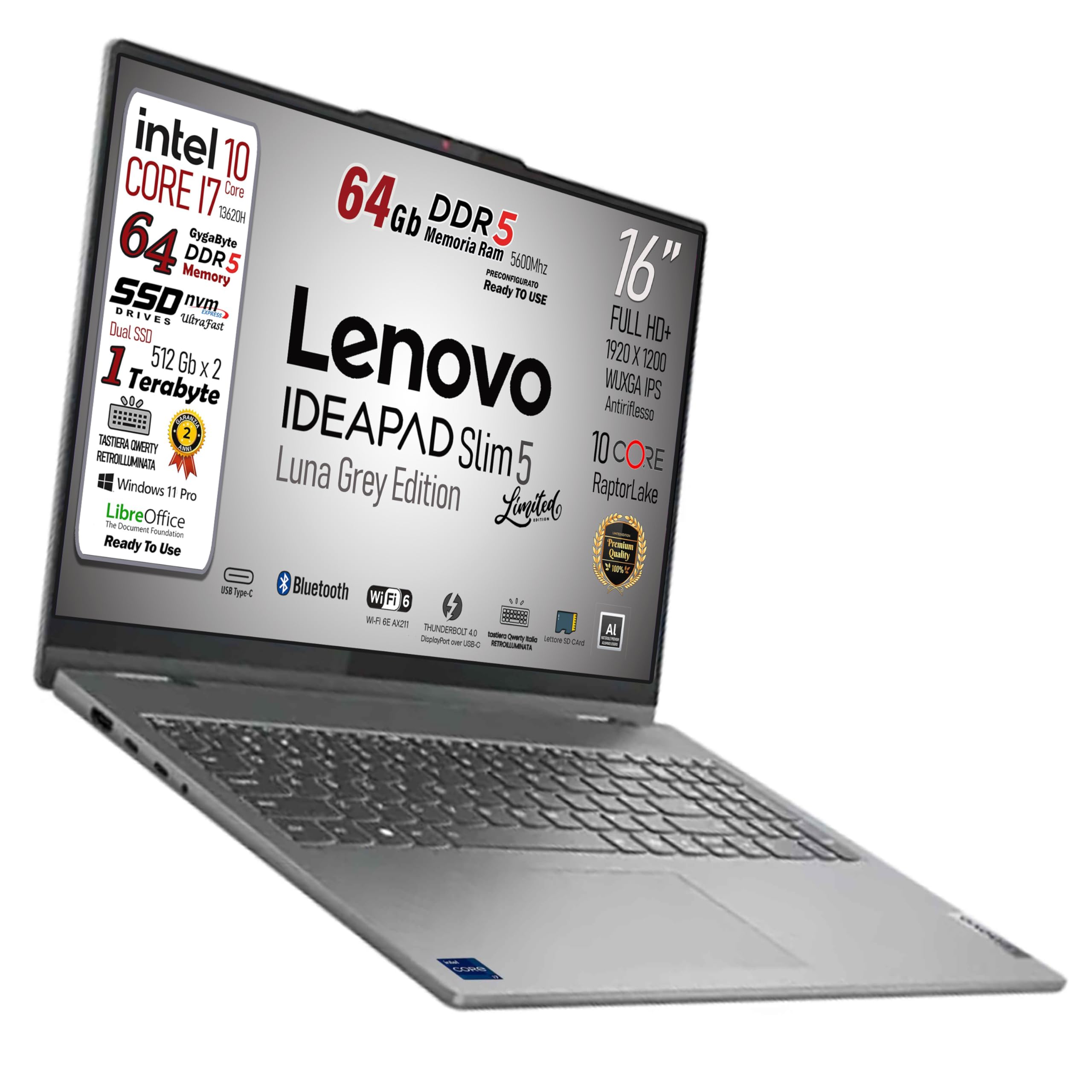 Lenovo, Ideapad 5Slim, pc portatile, i7 13620H 13Th, DDR5 64Gb, Display WUXGA 16" IPS FHD+, SSD 1Tb (2 X 512Gb), Wi-Fi 6, Bt, USB Thunderbolt, Tastiera retroilluminata, Win11 Pro, Pronto all'Uso