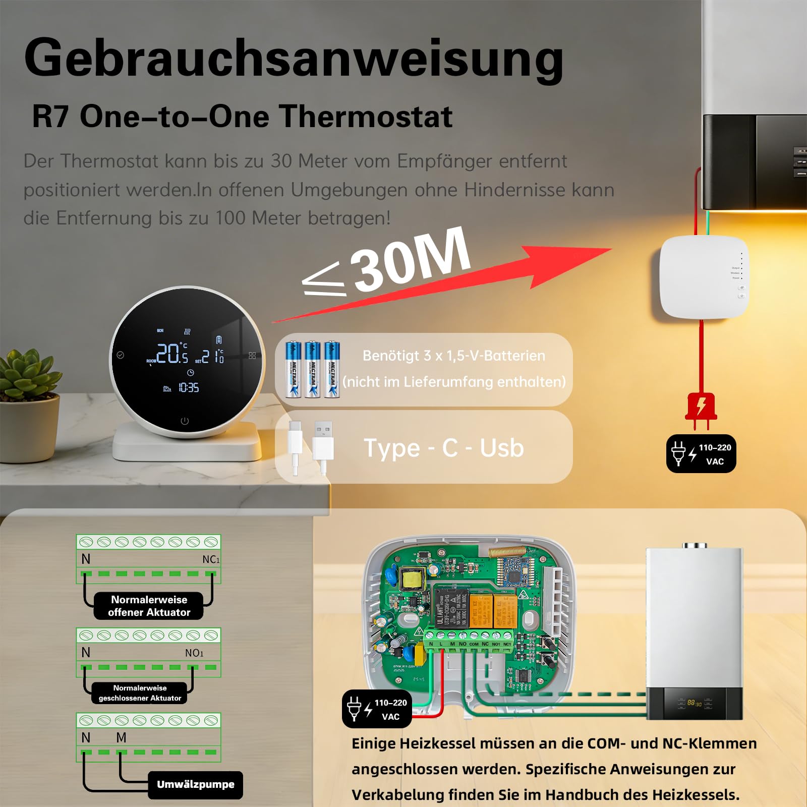 Thermostat Fussbodenheizung Smart für Wasser Fußbodenheizung und Gaskessel | Mit Empfänger Digital Kühlen/Heizen Wlan Programmable Tuya Smart Raumthermostat Boiler/Wasser fur Alexa/Google Assistant,3A