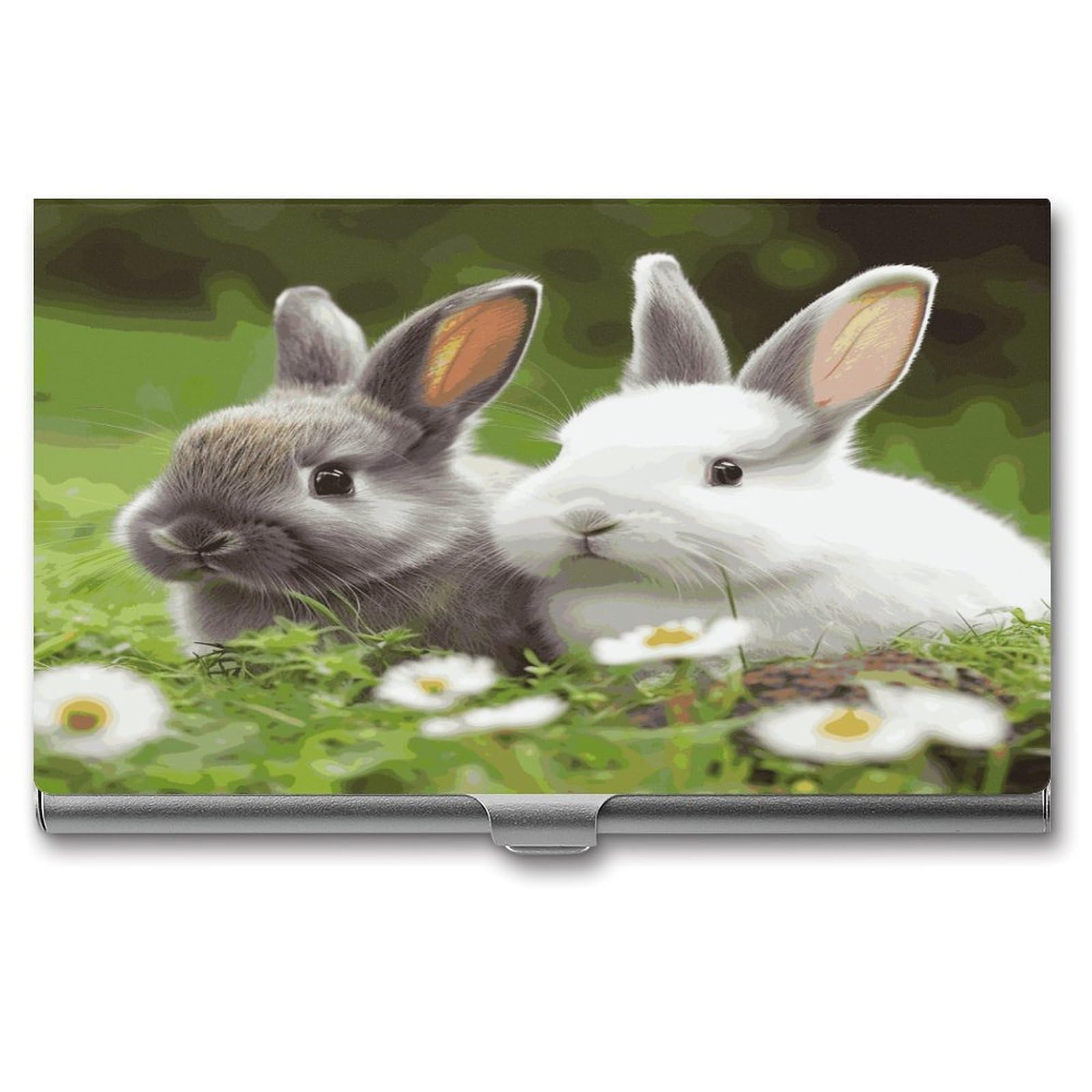 LDGSUPH Two Little Cute Rabbits Business Card Holder Fashion Slim Name Card Holder Minimalist Design Case Metal Card Carrier Personalized Business Card Case with Flip for Men Women