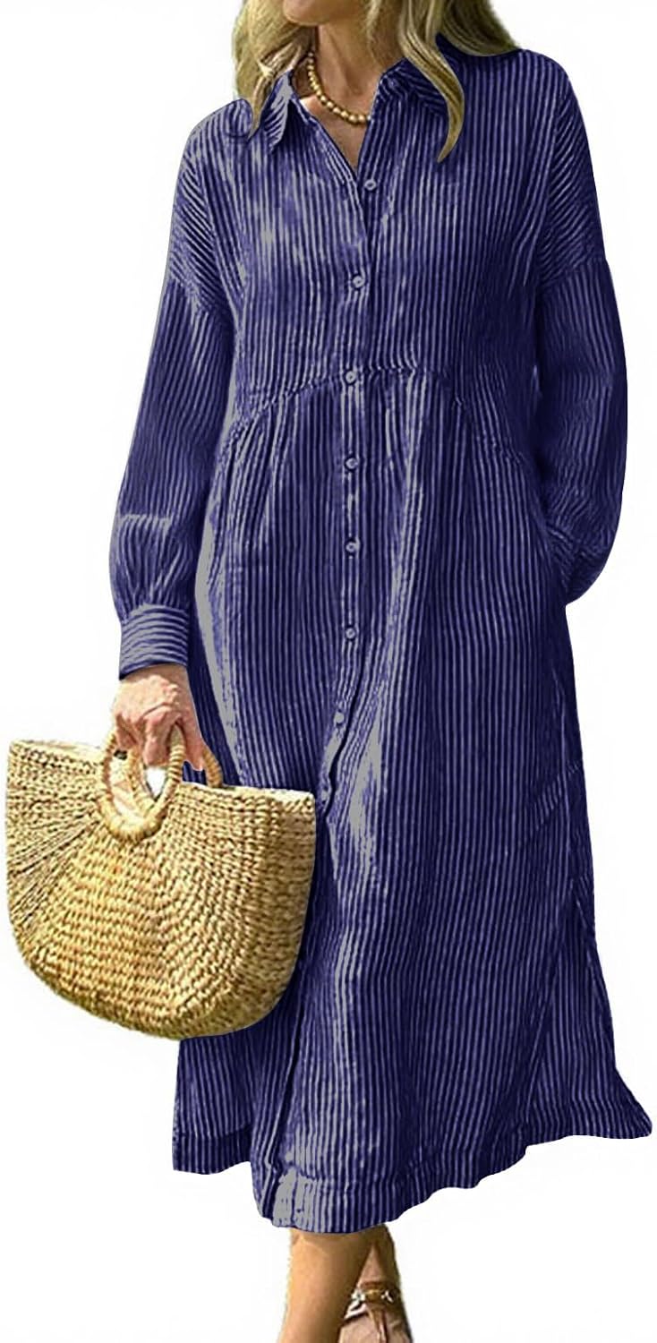 chouyatou Women's Business Casual Striped Shirt Dress Long Sleeve Button Down Midi Long Boho Dress