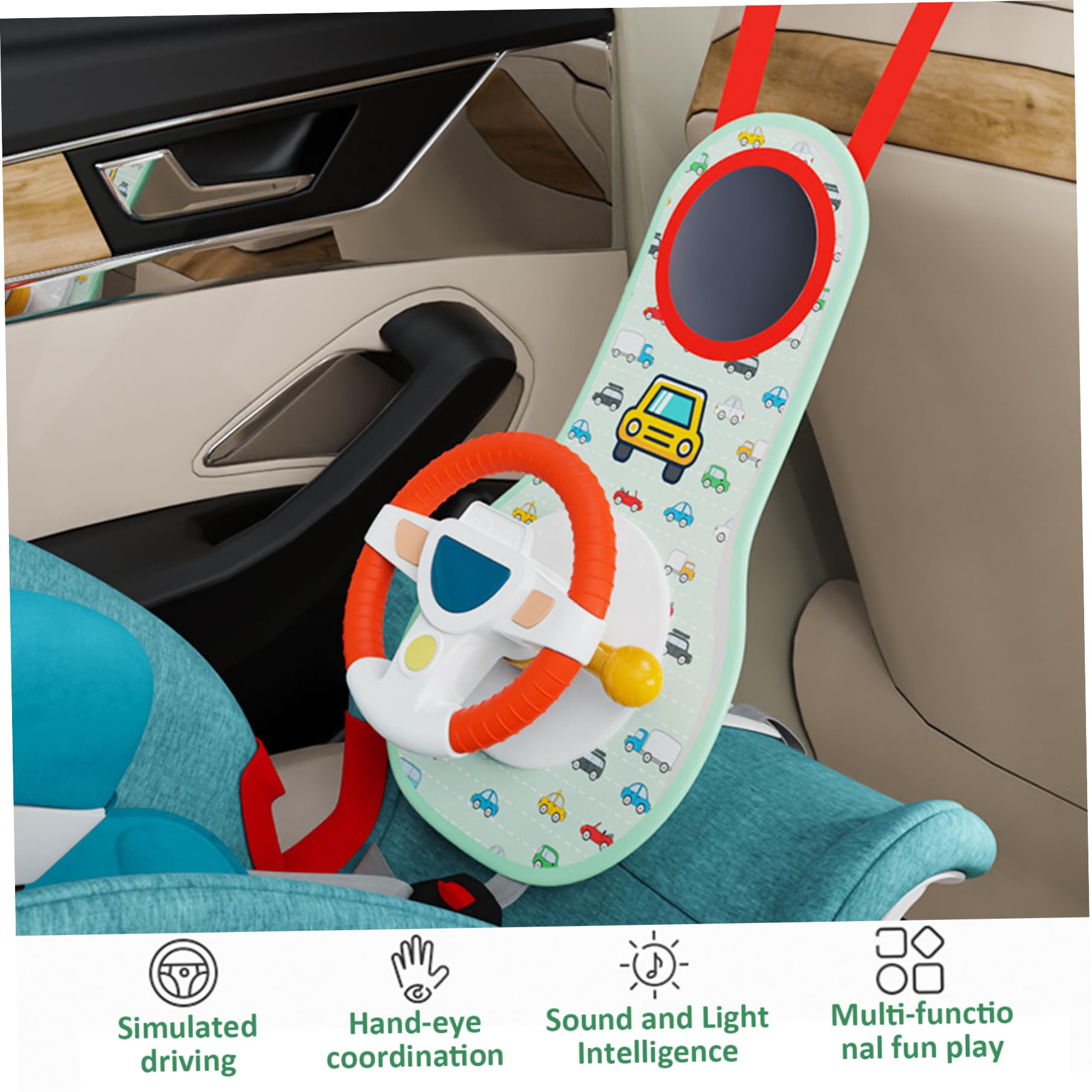Volante per bambini giocattolo per seggiolino auto con rotazione a 360° Volante per auto giocattolo con specchio, musica, luci e suoni di guida, giocattoli per passeggino per bambini da 12 mesi in su