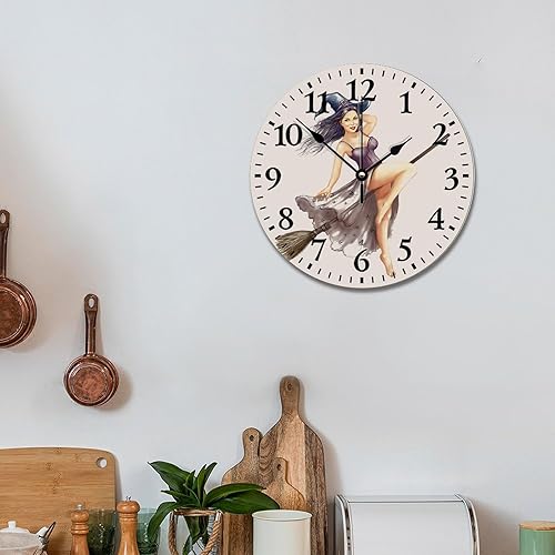 Miniatura 9 de ArogGeld Pinup - Reloj de pared para niña, reloj de madera de bruja de Halloween, 10, silencioso, sin tictac, funciona con pilas, para sala de