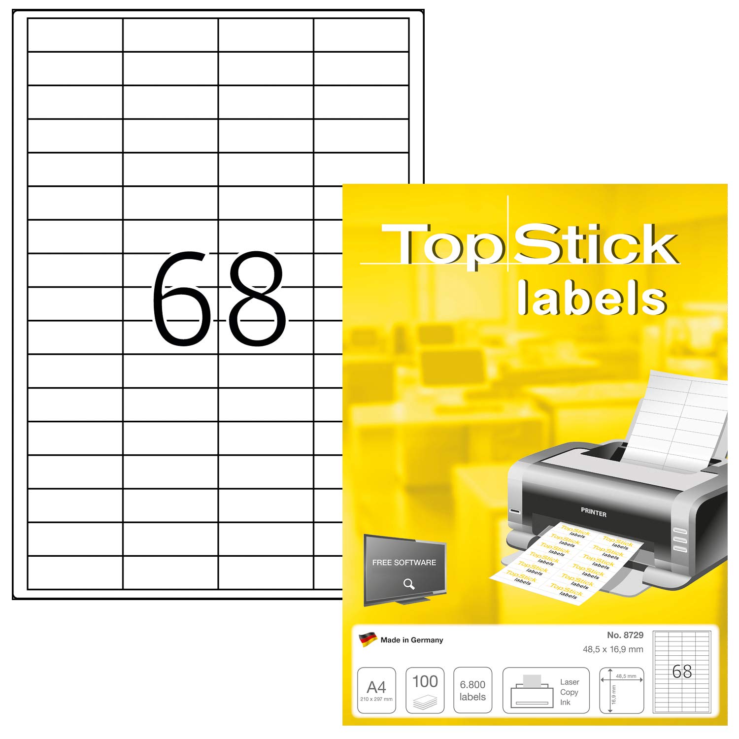TopStick 8729 Multi-Purpose Labels, 68 Labels Per A4 Sheet, 48.5 x 16.9 mm, 6800 Labels, Self Adhesive, Mini Stickers for Laser and Inkjet Printers, White