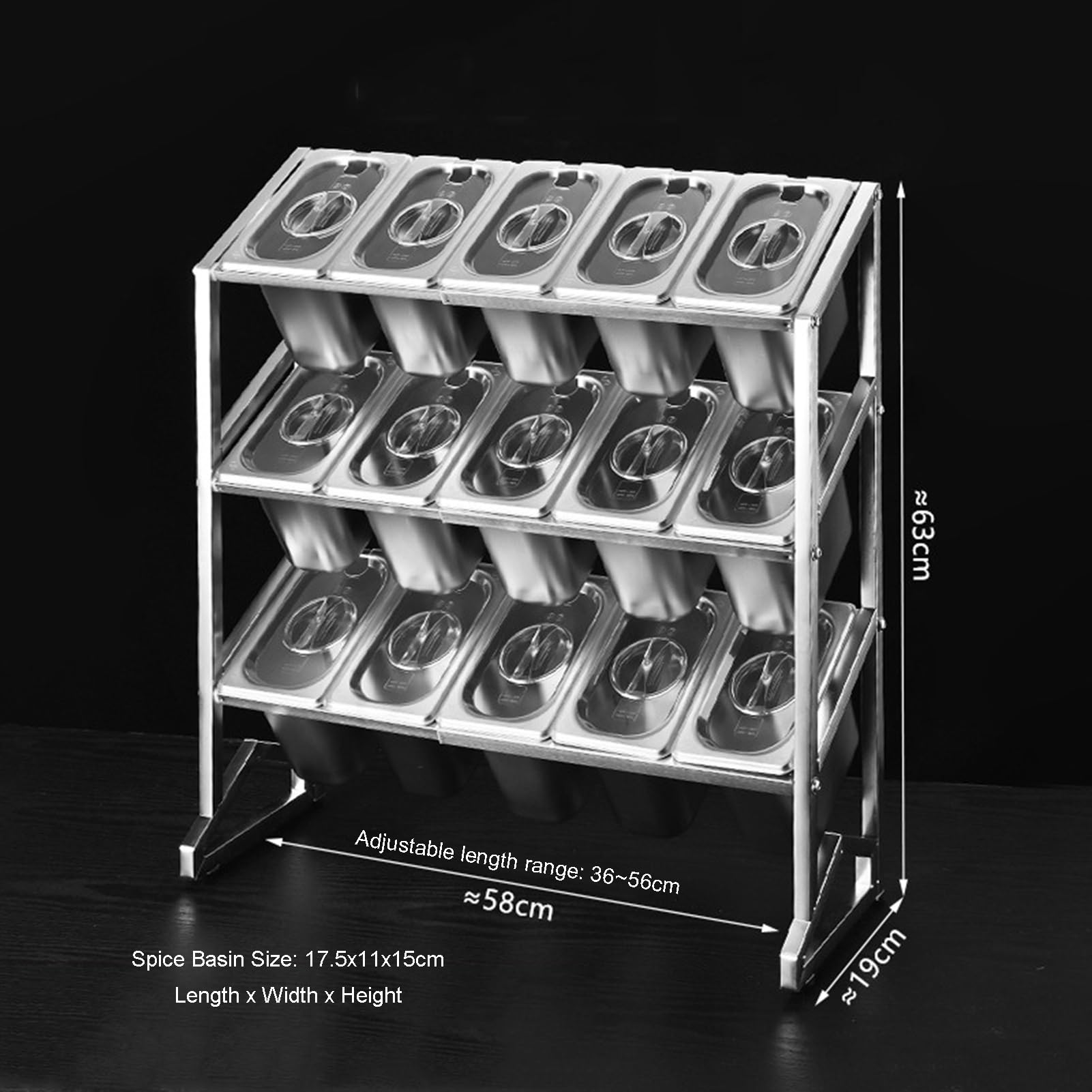 Ensemble d'étagères à épices extensibles en acier inoxydable pour cuisine et buffet – Distributeur polyvalent pour assaisonnement, sauces, confitures et fruits (58 x 19 x 63 cm)