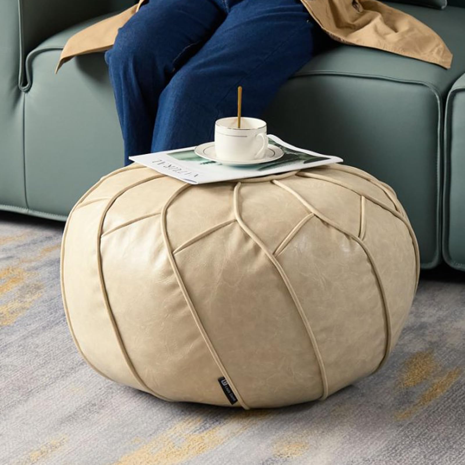 Louis Donné Unstuffed Pouf Ottoman Cover, Round Foot Stool for Poufudic Foot Rest, Storage Bean Bag Floor Chair Waterproof Faux Leather Pouffe Footstool for Living Room Fashion Design (White)