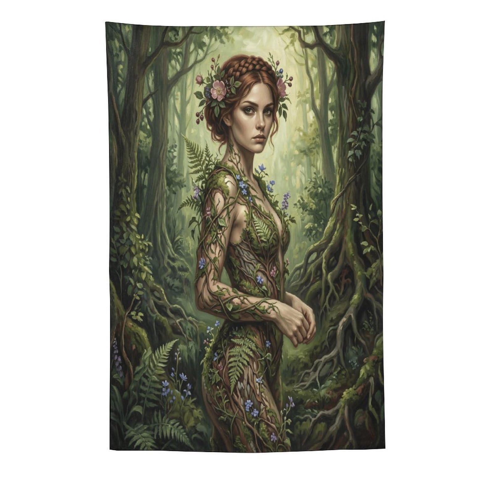 H3B8U2Y5 Green Forest Goddess Wall Tapestry, Botanical Fantasy