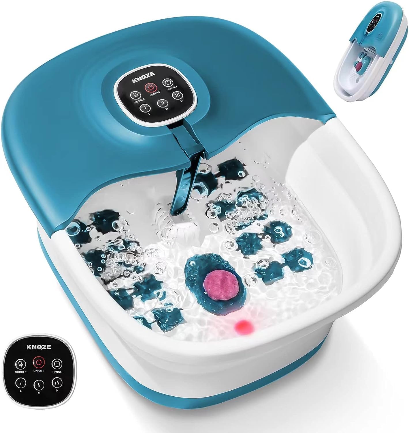 KNQZE Bain de Pied Massant Chauffant, Pliable Spa Pieds Bain Massage avec Télécommande, Minuterie, Vibration, Pierre Ponce, Balneotherapie Pieds avec 16 Rouleaux de Massage, Bleu