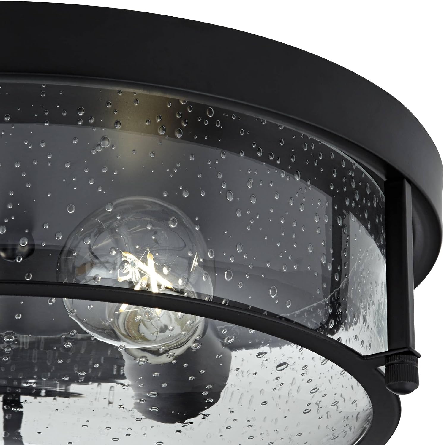 Franklin Iron Works Midnight 13" Modern Industrial Flush-Mount Ceiling Light Fixture Kitchen Foyer Hallway Round Cage 2-Light Black Clear Seeded Glass Metal Bedroom Bathroom Entryway Indoor Small
