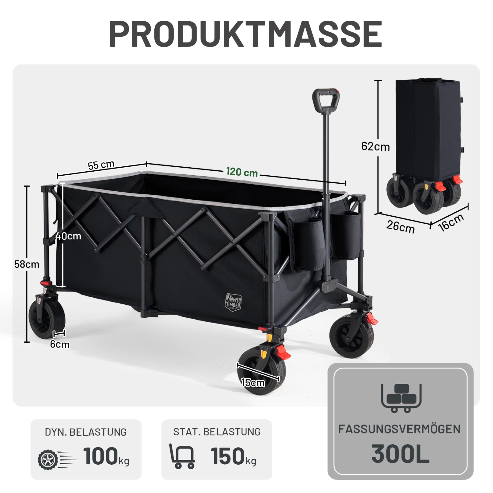 TIMBER RIDGE Faltbarer Bollerwagen 300L Klappbarer Strandwagen 150kg Traglast All-Terrain Räder mit Bremse