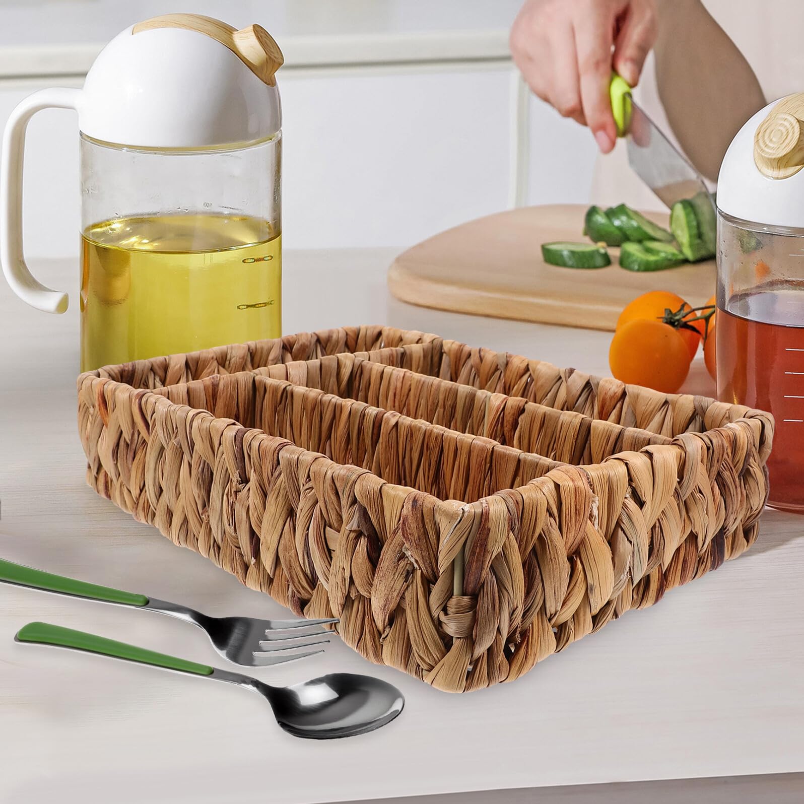 SHINEOFI Organisateur de Tiroir Cuisine en Hyacinthe Tressée et Fer, Panier de Rangement Multifonction Pratique, Facile à Nettoyer pour Ustensiles et Couverts