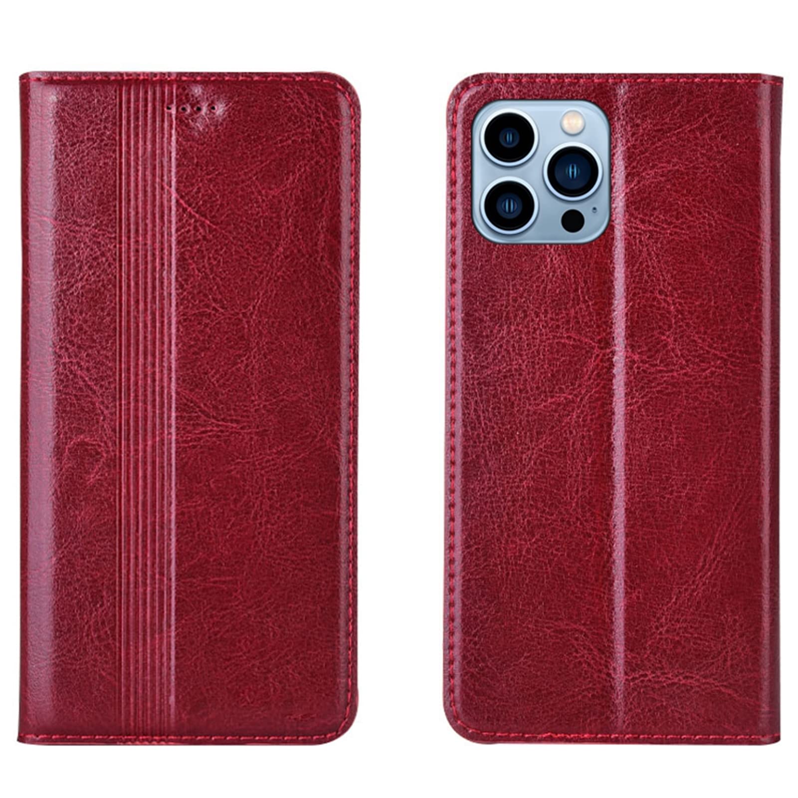 Etui do iPhone 13 Pro Max/13 Pro/13/13 Mini, prawdziwa skóra, etui ochronne z klapką, etui na telefon komórkowy z uchwytem na karty, funkcja stojaka, zamknięcie magnetyczne, czerwone, 13 Pro Max 6,7"