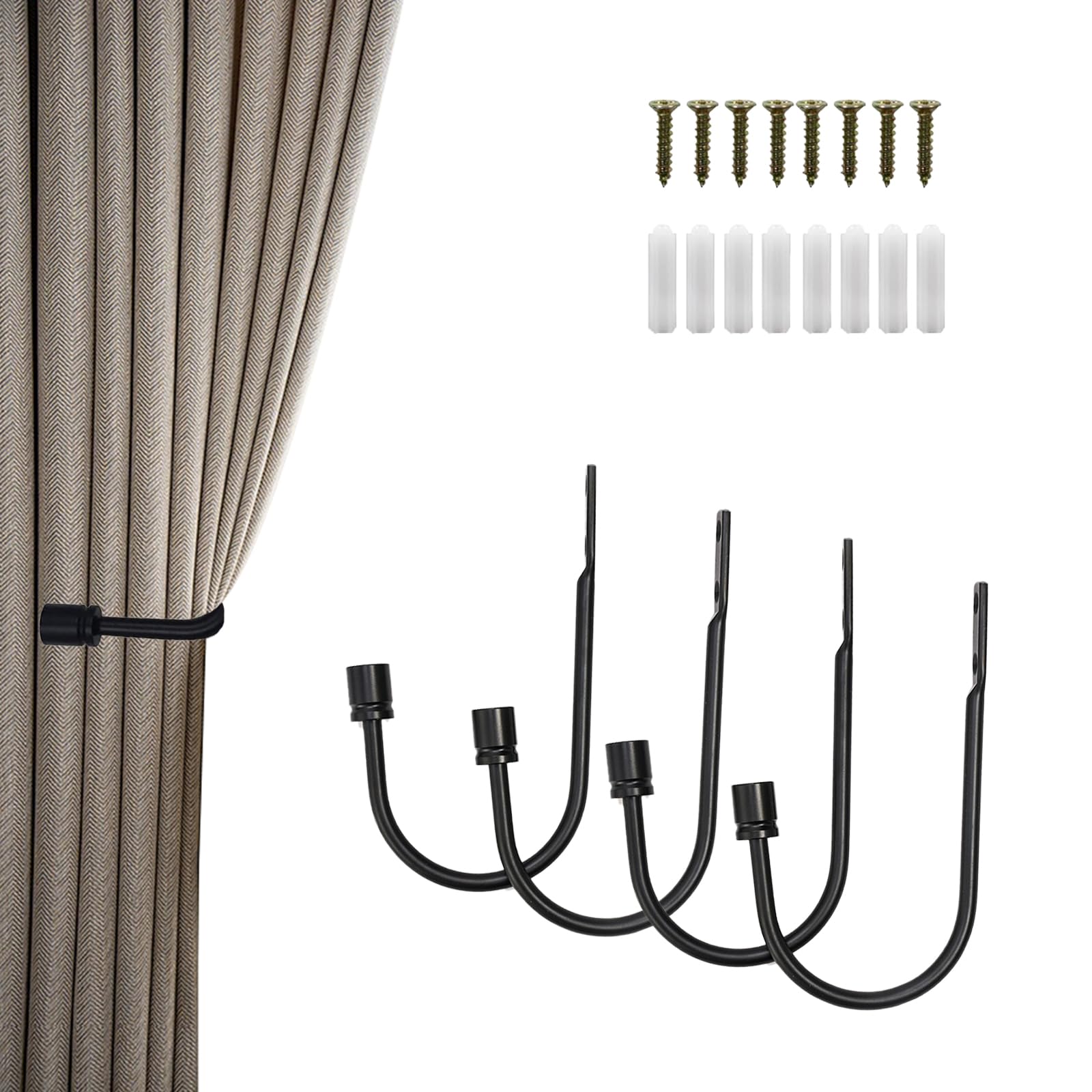 Fkereg Black 4 Pack Curtain Tiebacks, Metal Curtain Holdbacks Heavy Duty, U Shaped Curtain Hooks For Wall, Vintage Curtain Holder For Drapes, Wall Mounted Curtain Tie Pull Backs,
