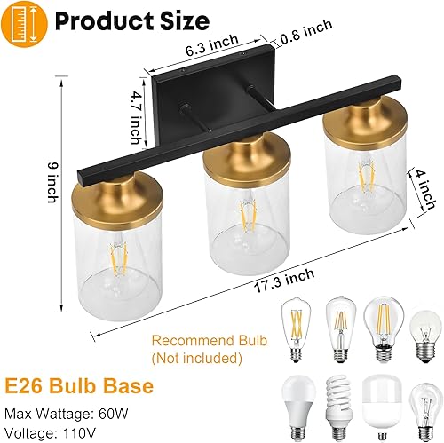 Miniatura 3 de GROWER Lámparas de baño de 3 luces, luz negra para tocador de baño, luces de tocador de baño sobre espejo con pantalla de vidrio transparente,
