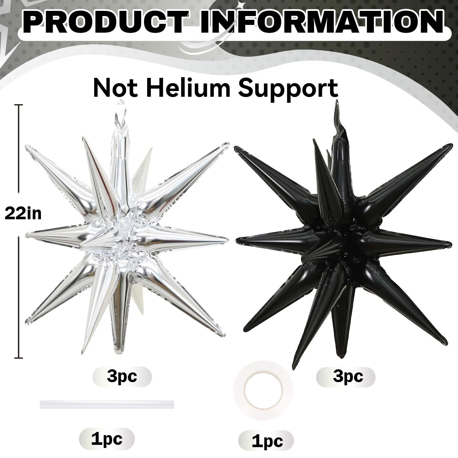 HILAVO Stern Ballons Schwarz Silber, 6 Stück 22 Zoll Groß HILAVO Stern Folienballons Foil Explodieren Stern Luftballons für Hochzeit Geburtstag Graduierung Silvester Party Deko