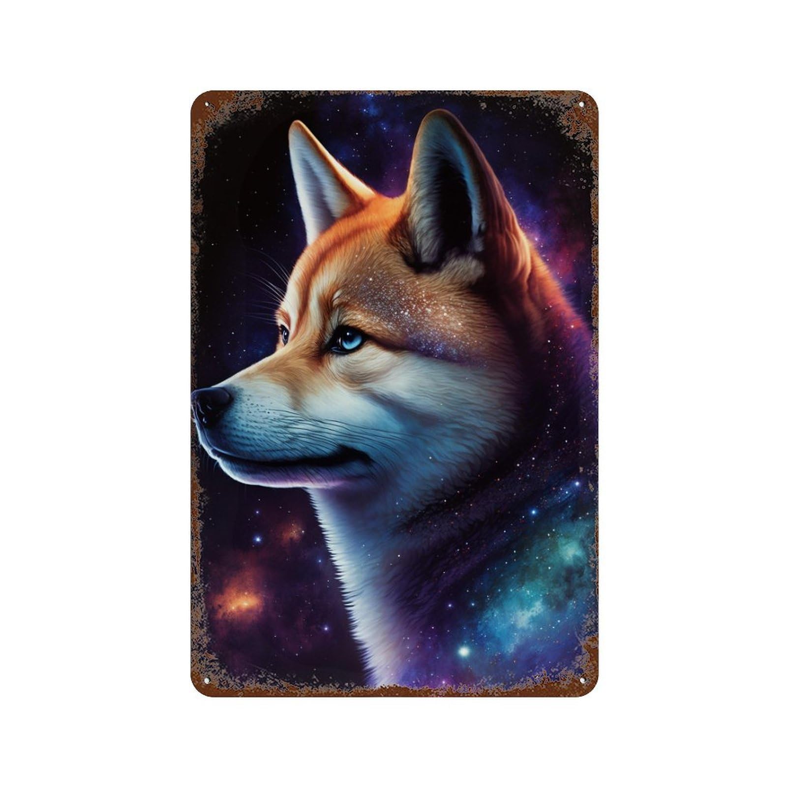 Cosmic Wolf Portrait Art Print Aged Metal Wall Plaque 11.8"x7.9", Rustic Home Decor for Garage, Pub Or Kitchen
