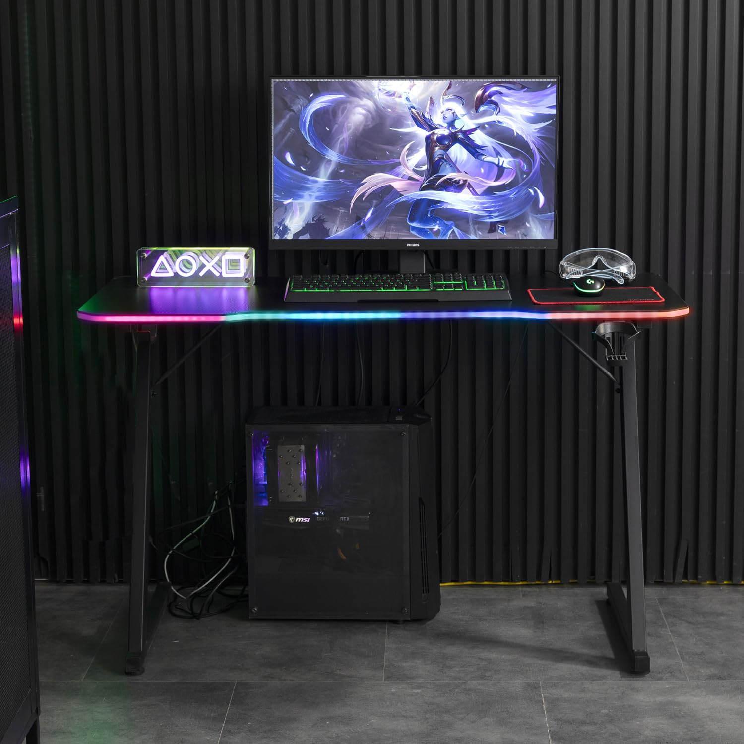 Amstrad DESK120Z-LED-AURORA Bureau Informatique Gamer avec retroéclairage RGB - Largeur 1m20 - Finition Carbone - Télécommande