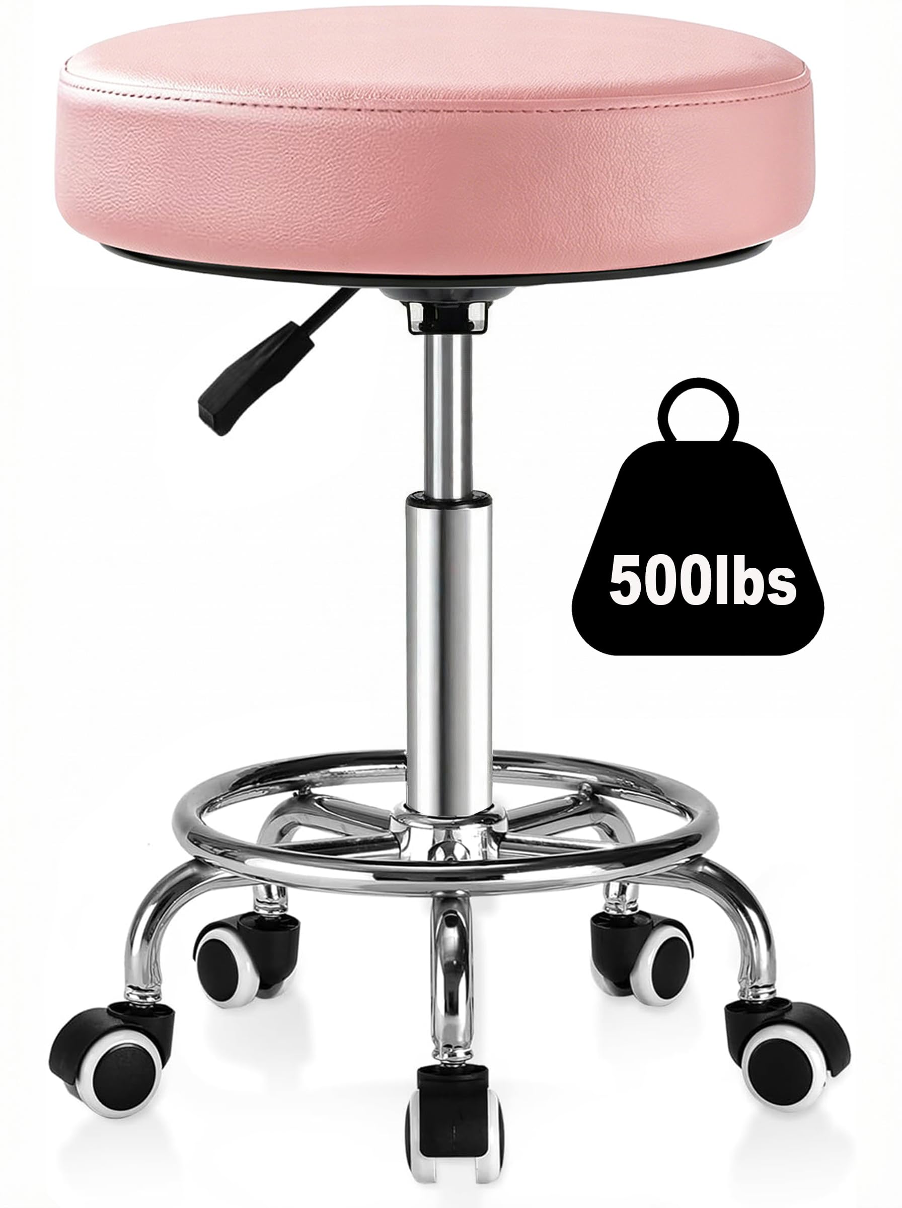 500lbs Heavy‑Duty Adjustable Rolling Stool with Wheels &amp; Footrest Ring,Pink