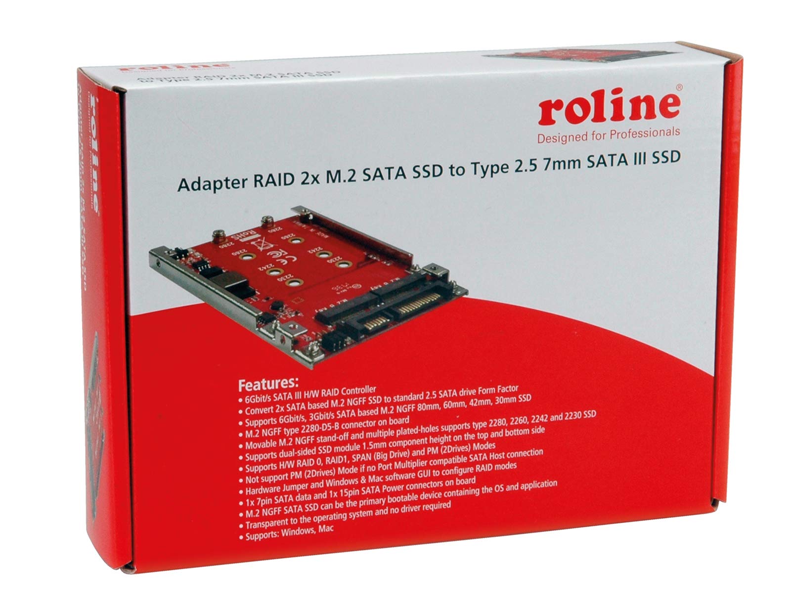 ROLINE Adapter M.2 na SATA III SSD H/W, 2 x M.2 NGFF SSD, kompatybilny z rozruchem i RAID