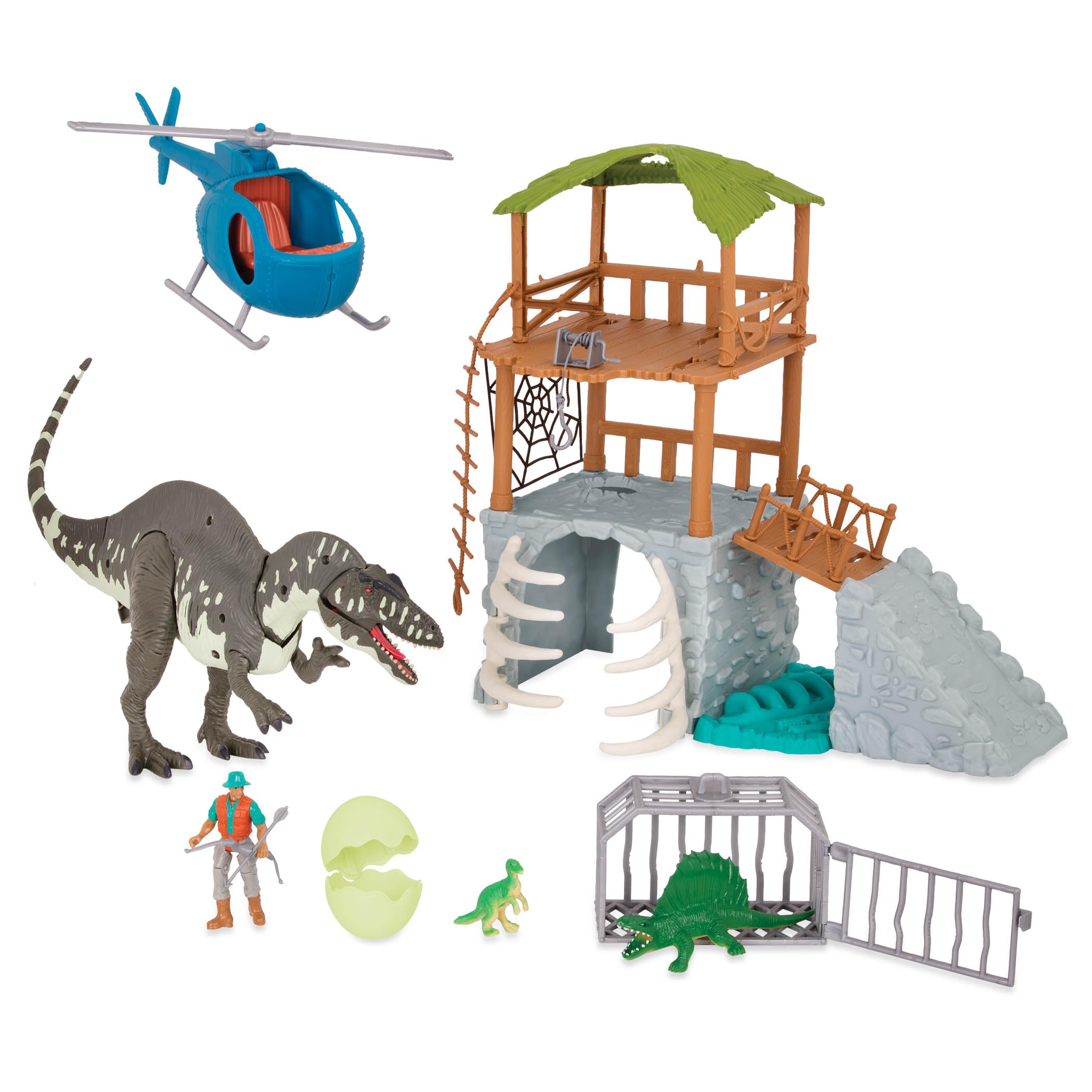 Terra by Battat13 Pieces Jungle Expedition Big Playset – Electronic Dinosaur with Light– Up Eyes – Movable Roaring Acrocanthosaurus & Helicopter with 2 Surprise Dinosaur Toys for 3+ Years