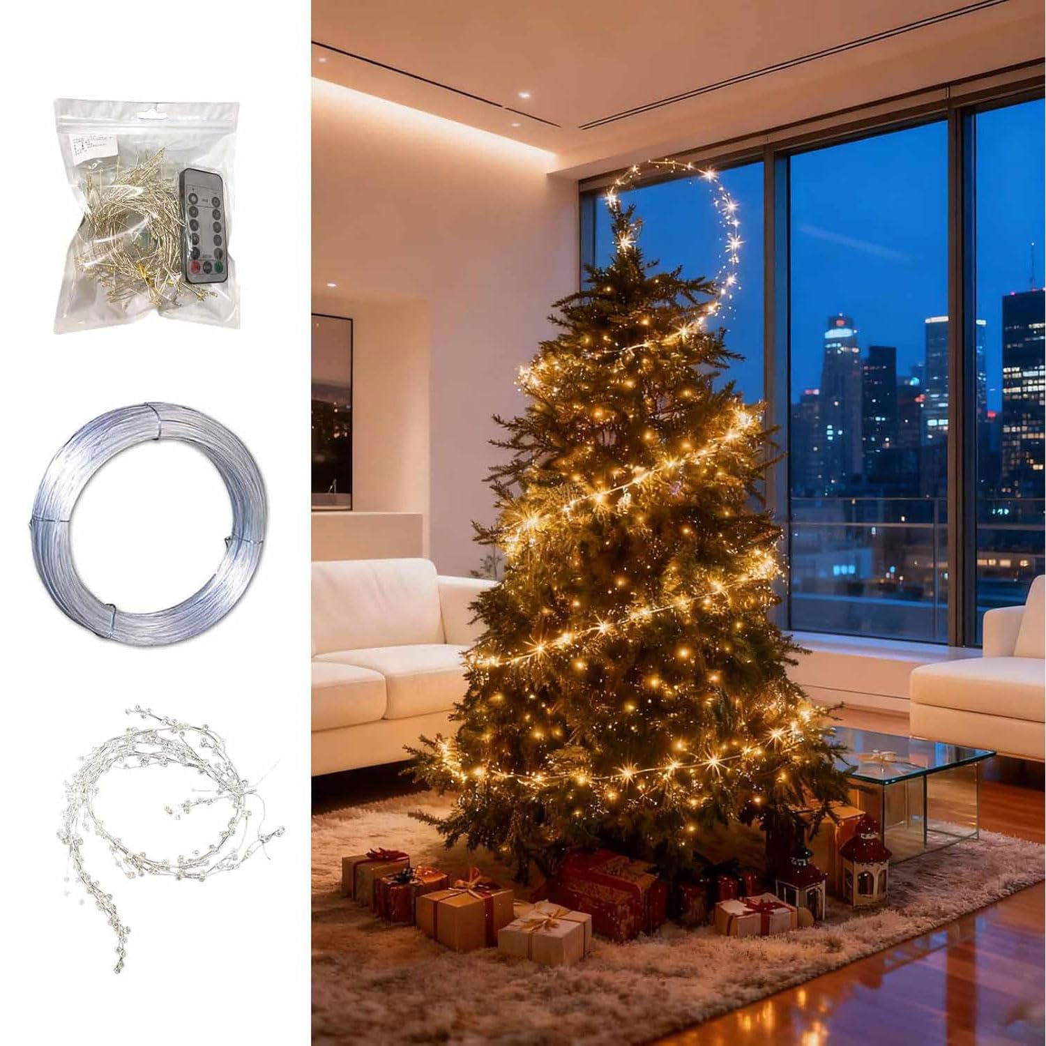 GUSHE Floating Spiral Christmas Tree Lights, Spiral Lights for Christmas Tree with Remote, 98ft/30m 300 LEDs Waterproof Fairy Light with Crystal Beads, Decoration String Light for Indoor Xmas Tree