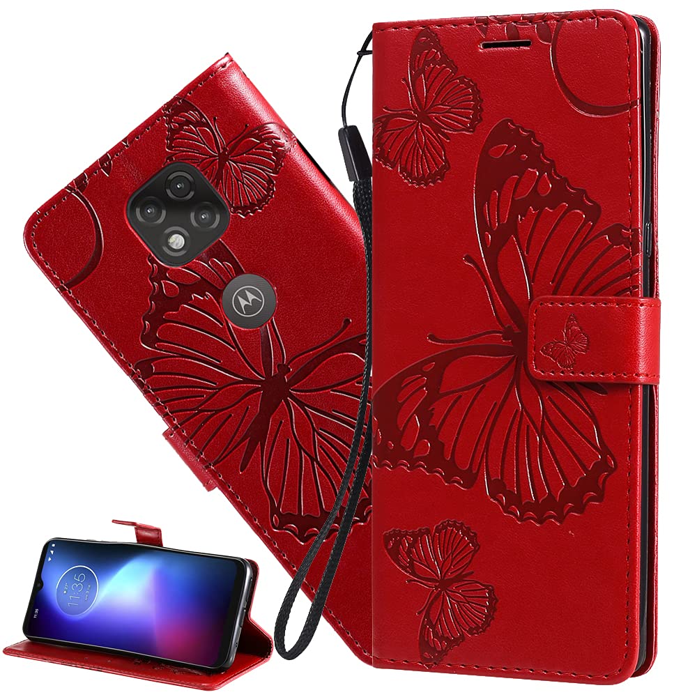 ISADENSER Compatible with Motorola Moto G Power 2021 Case Butterfly Embossing Design [Kickstand Flip] [Card Slot] [Magnetic Clasp] Flip PU Wallet Phone Case for Moto G Power 2021 Red Butterfly KT