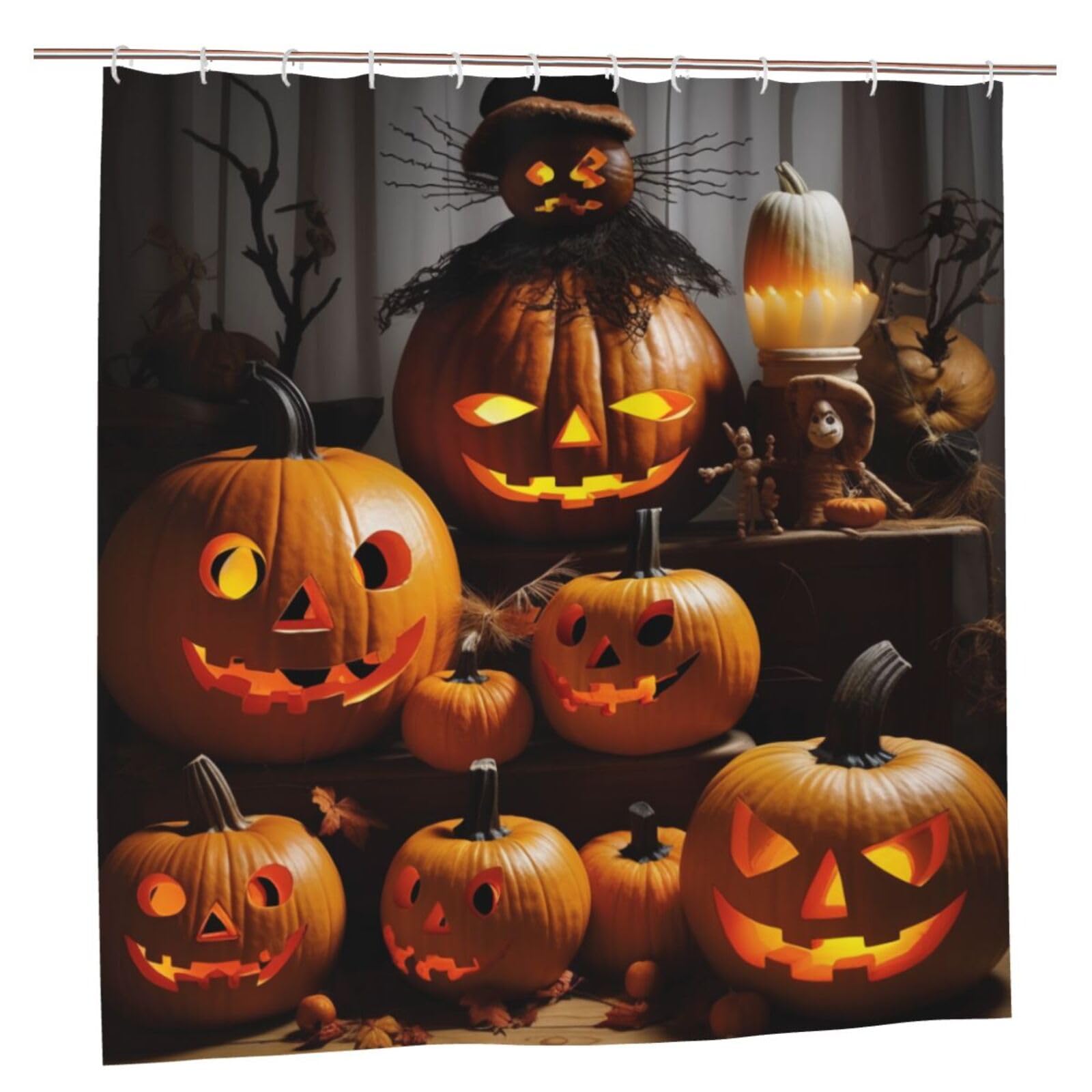 BWWHCCTI Halloween Pumpkins Printed Shower Curtain With 12 Plastic Hooks Opaque Quick Drying Waterproof Shower Curtains Sets For Bathroom 183x183 CM