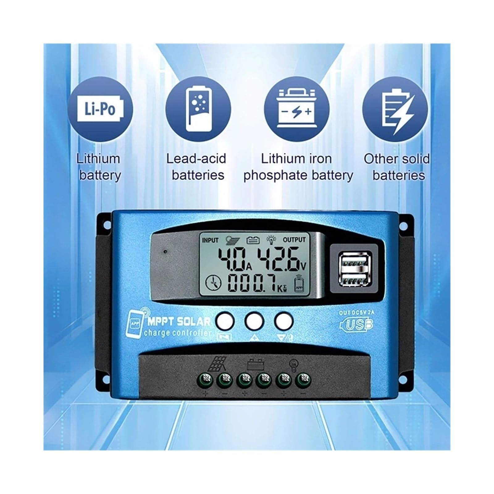 Kontroler ładowania słonecznego, 12V 24V WiFi Bluetooth MPPT Regulator Ładowania Słonecznego Z Wyświetlaczem LCD Podwójny Port USB Do Baterii Litowo-ołowiowej 100A 60A 40A 30A(Only bluetooth,100A)