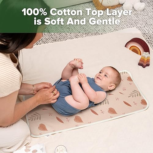 Miniatura 3 de haakaa Forro impermeable para cambiador, 100% algodón, suave y transpirable (2 piezas, 13 x 27.5 pulgadas, flor de terciopelo + hojas de amor)