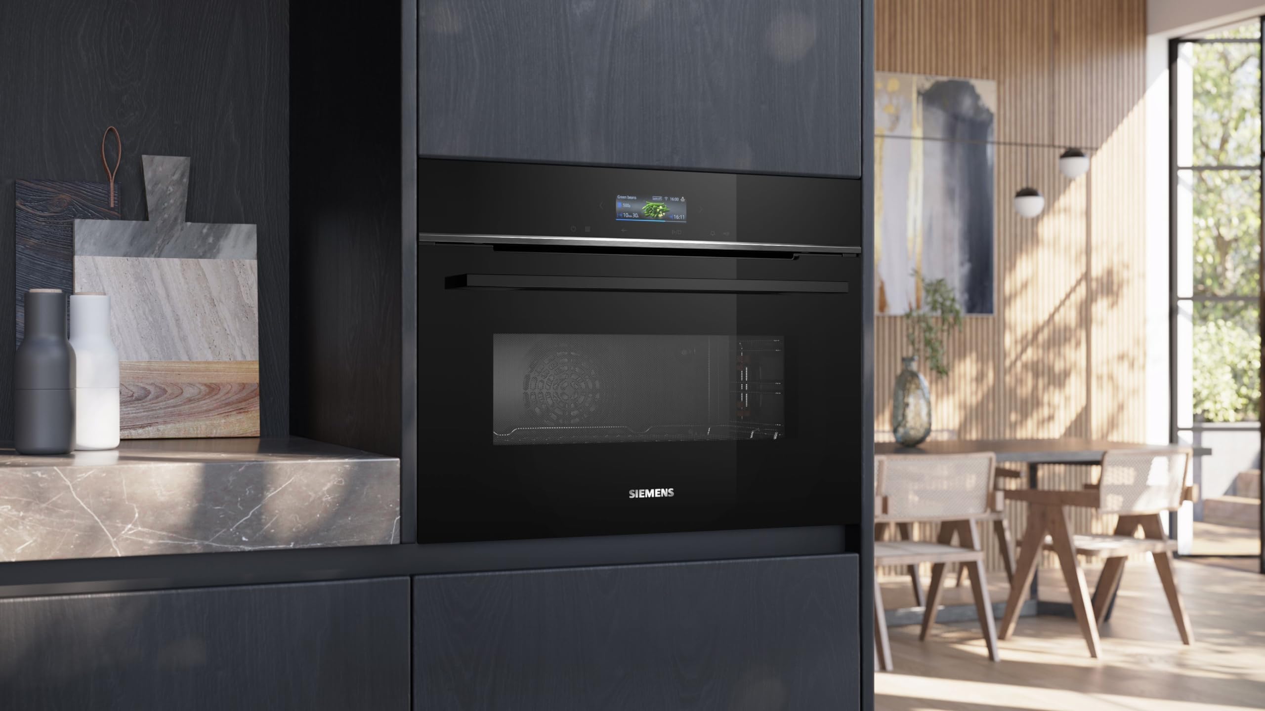 Siemens iQ700 CM724G1B1 Einbau-Kompaktbackofen mit Mikrowellenfunktion 60x45 cm 900 W Schwarz Hydrolyse Air Fry Teleskopauszug Farb-Touchscreen