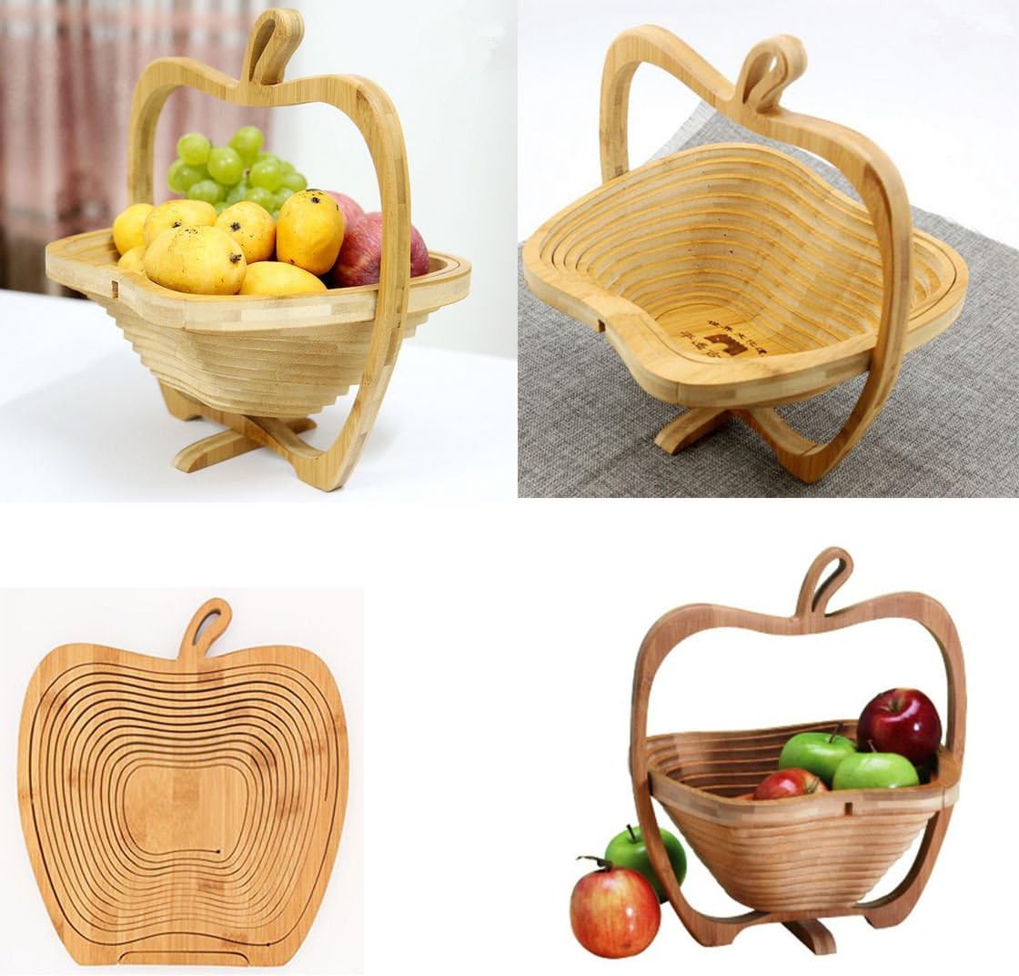 Collapsible Foldable FRUIT BASKET Apple, Folding Bamboo Fruit Bowl & Trivet FREE Set 5 Measuring Spoons