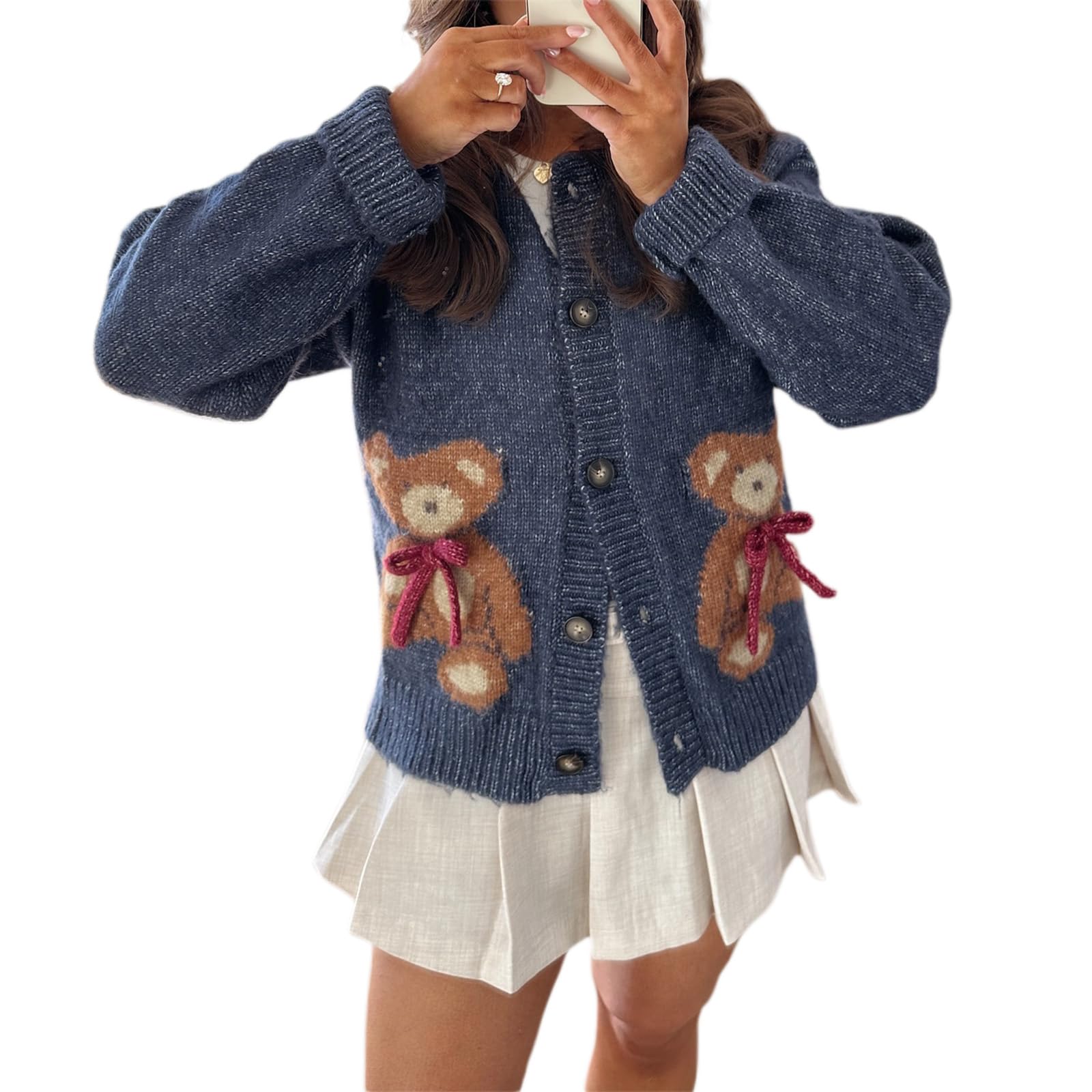 Women Bow Bear Sweater Cardigan Long Sleeve Round Neck Button Up Bear Print Knitwear