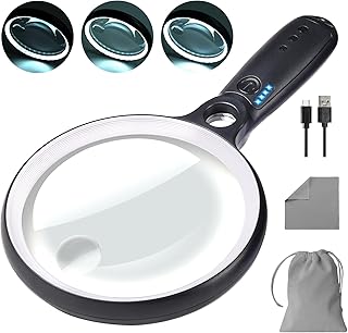 Large Magnifying Glass with 37 LED Light, 10X 20X 45X Handheld Illuminated Lighted Magnifier with 3 Light Modes Rechargeable Magnifying Glass for Seniors Reading, Inspection (White & Black)