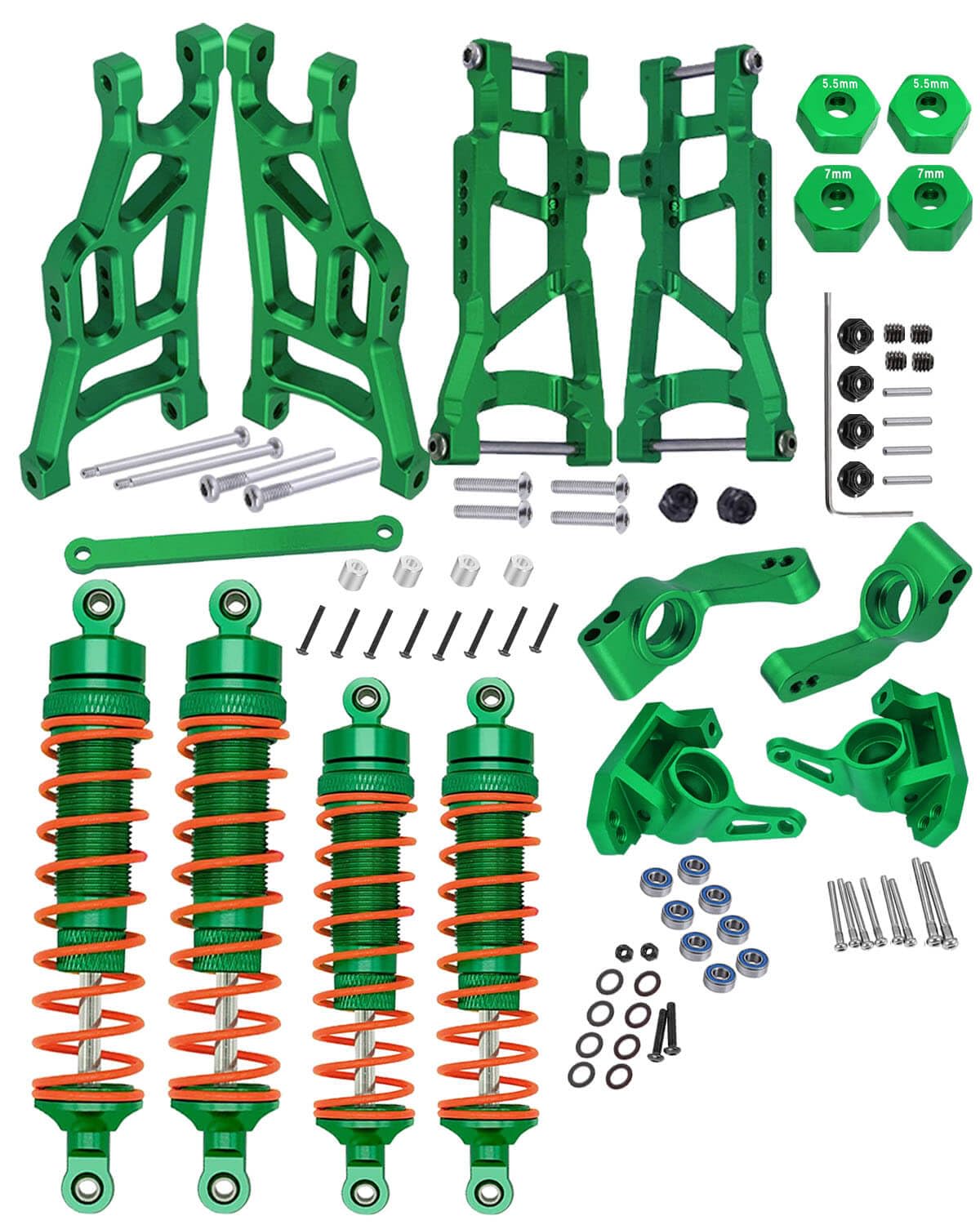 RCMYou Upgrades Part for 1/10 Slash 2WD,Alloy Front Rear Suspension Arm,Caster Block,Steering Blocks,Rear Stub Axle Carriers,Aluminum Big Bore RC Shock Absorber,Green