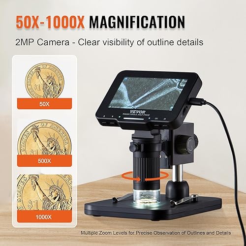 Miniatura 3 de VEVOR Microscopio digital LCD para adultos y niños, pantalla IPS de 4.3 pulgadas, microscopio de monedas 50X  aumento de 1000X con 8 luces LED,