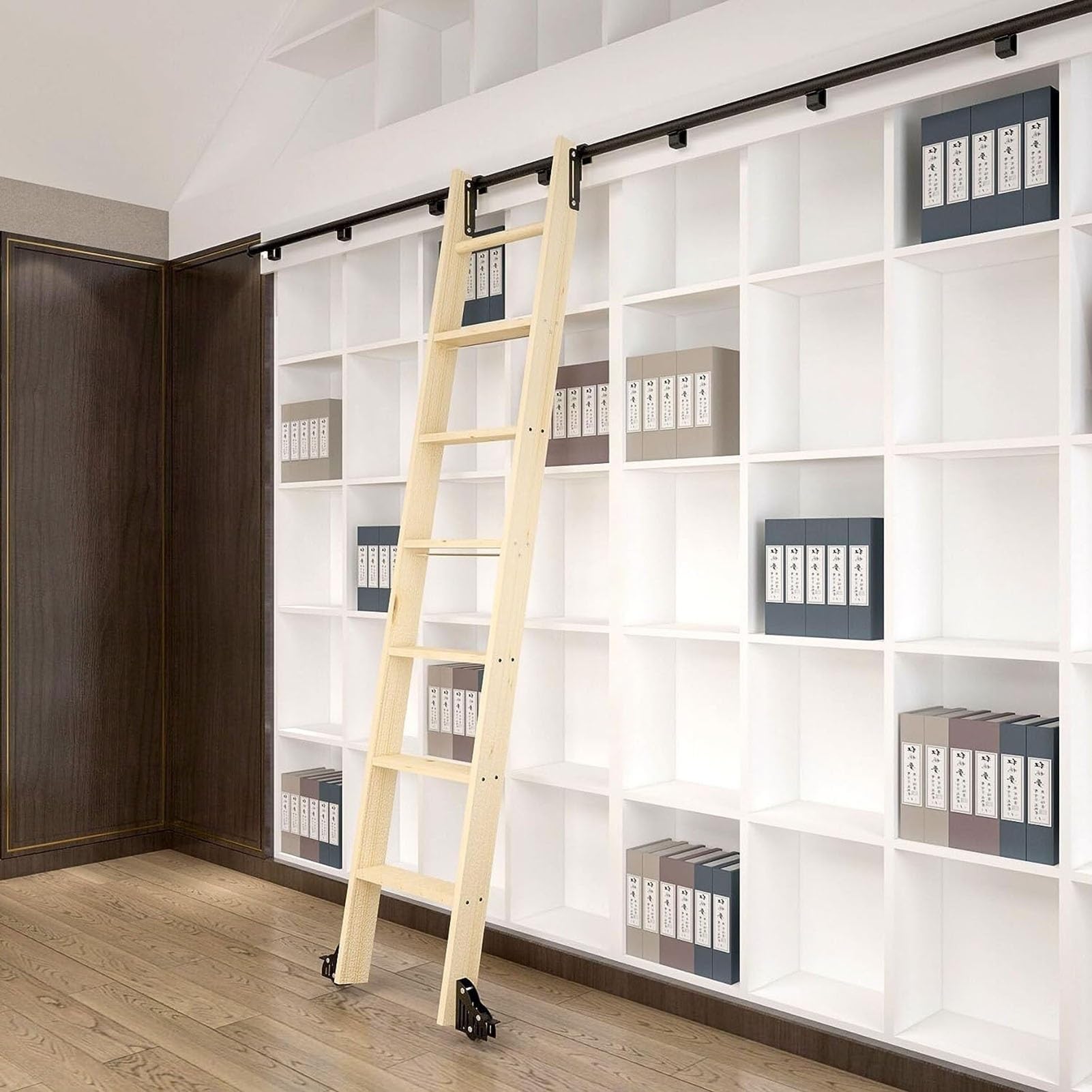 Biblioteka drabin przesuwnych Kompletny zestaw osprzętu System prowadnic tocznych (bez drabiny), mobilna prowadnica drabiny z okrągłą rurą i kółkami podłogowymi, do domu/wewnątrz/poddasza (r