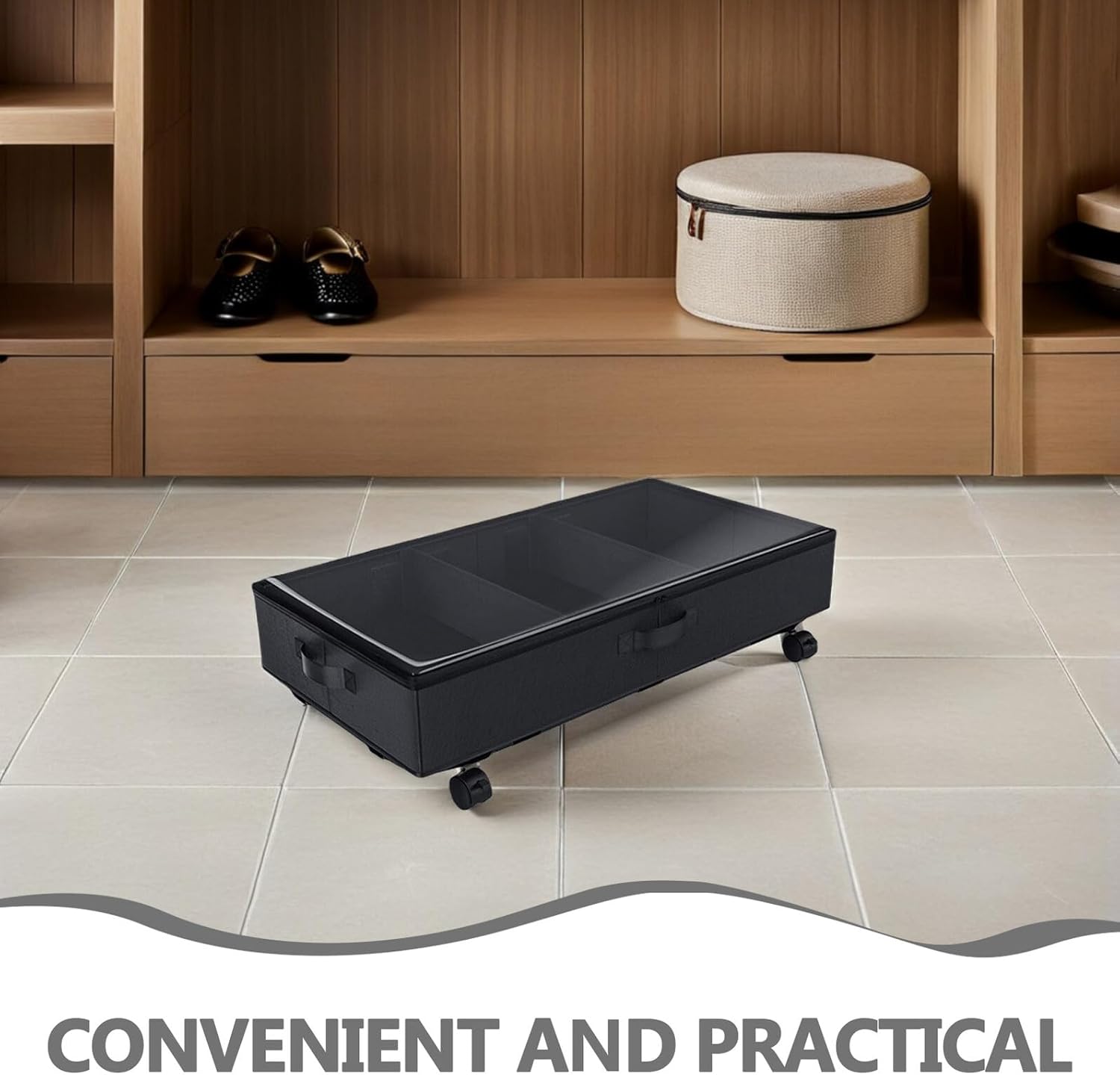 Bed Clothes Storage Bag with Wheels, 3-grid Oxford Fabric Organizer Bin, Large Capacity Dustproof Storage Container for Bedding, and Clothing, Black