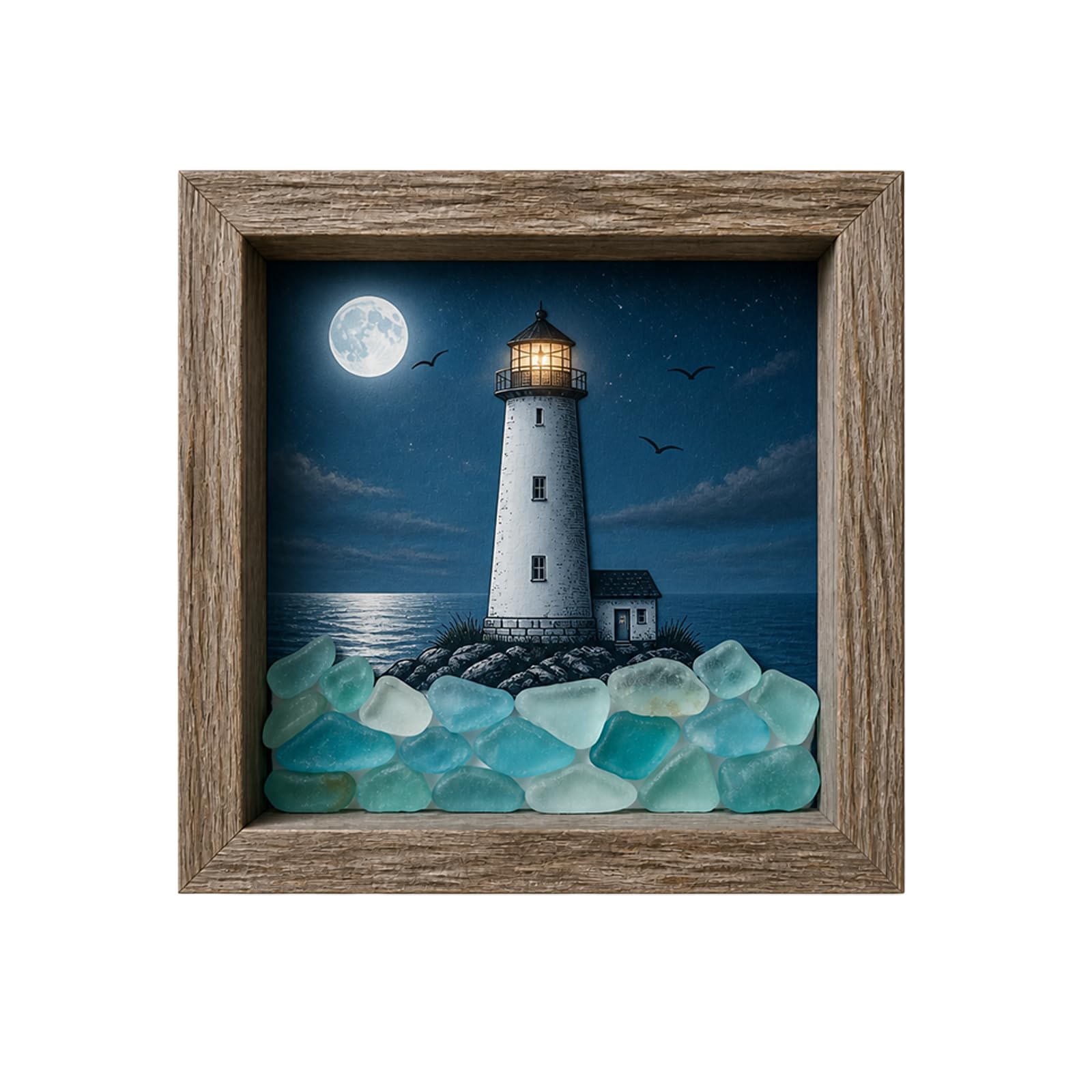 Cenifin Coastal Lighthouse Sea Glass Shadow Box Night Light, Coastal Beach Nautical Decor LED Ambient Lamp, Frame Wall Art Lamp Decor, Warm Glow Bedroom Living Room Entryway Gift