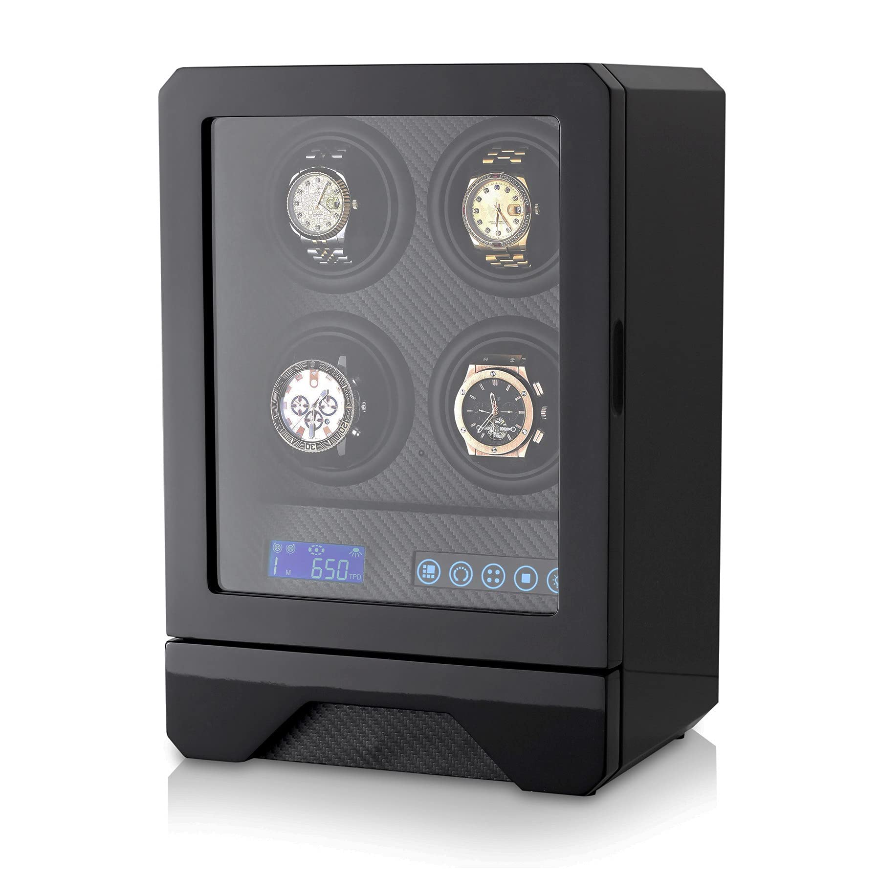 Enrollador automático de relojes para 4 relojes con luz LED, pantalla LCD, control remoto y cajón de almacenamiento, Negro -, Bobinador de relojes